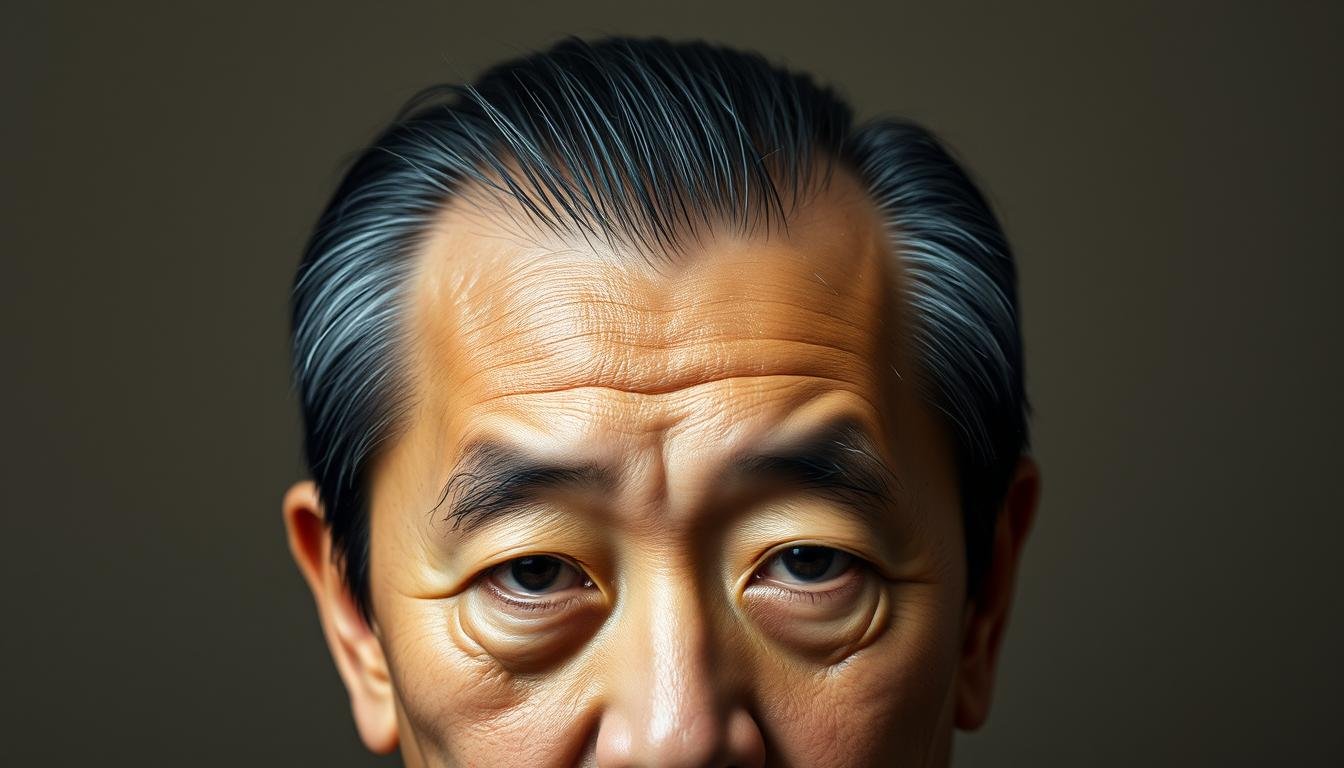 A finely detailed portrait of a famous person, showcasing their distinctive V-shaped hairline. The subject's face is illuminated by soft, directional lighting, accentuating the contours and angles of their features. The background is a subtle, muted color palette, allowing the focal point to be the captivating visage. The expression is dignified and contemplative, capturing the essence of the individual and their unique physiognomy. The image conveys a sense of cultural significance, inviting the viewer to examine the subject's appearance through the lens of traditional Chinese face reading and character analysis.