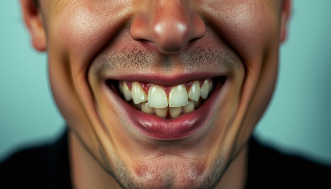 A finely detailed portrait of a person's face, with a focus on their teeth. The subject's teeth are slightly spaced apart, creating a unique and striking visual. The lighting is soft and diffused, casting gentle shadows that highlight the contours of the face. The background is blurred, allowing the viewer to concentrate on the intricate details of the teeth and their relationship to the overall facial structure. The mood is contemplative and mysterious, hinting at the hidden connections between dental features and one's fortune and ability to keep secrets. The composition is balanced and harmonious, drawing the eye towards the captivating dental arrangement.