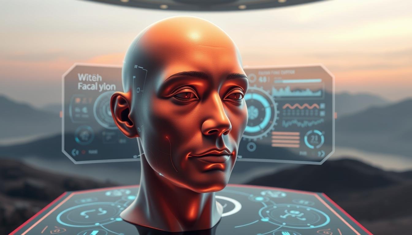 A futuristic AI-powered facial analysis technology interface. In the foreground, a detailed 3D rendered human face with intricate features and expressions, scanned and analyzed by advanced AI algorithms. In the middle ground, a sleek, minimalist control panel with holographic displays, touch interfaces, and data visualizations. The background is a serene, ethereal landscape of soft lighting and muted tones, suggesting a meditative, contemplative atmosphere. The overall scene conveys a sense of the integration of traditional Chinese face reading wisdom with cutting-edge AI-driven facial analysis, creating a harmonious fusion of ancient and modern practices.