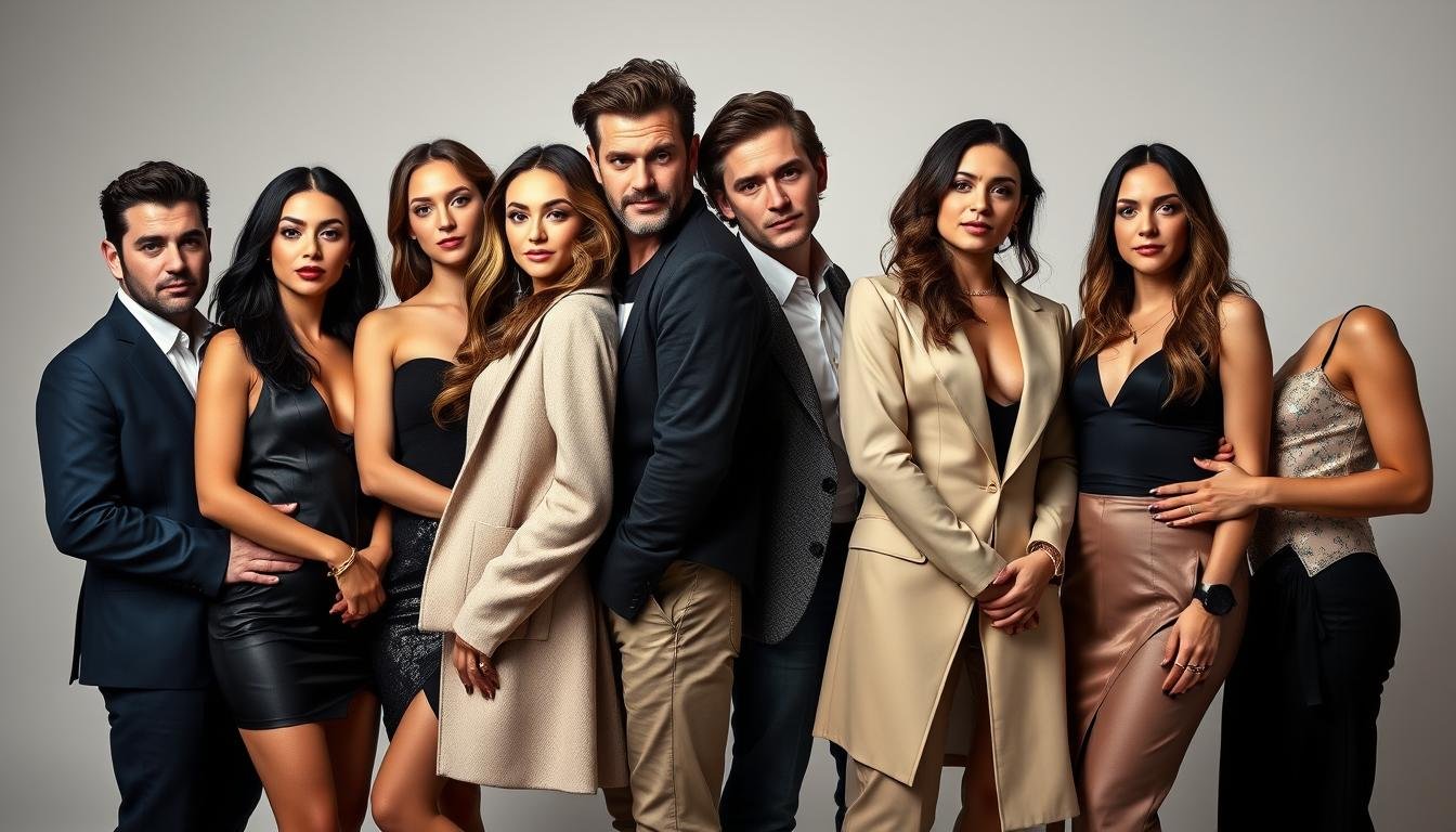 A group portrait of five Western celebrity couples posing together, captured in a glossy, high-fashion style. The couples stand side-by-side, exuding an aura of glamour and intimacy. Soft, dramatic lighting accentuates their striking, symmetrical features, creating a sense of visual harmony. The couples are dressed in chic, coordinated outfits, conveying a sense of shared style and aesthetic. The background is a minimalist, studio-like setting, keeping the focus on the subjects' captivating presence. An air of effortless elegance and magnetic charm permeates the scene, inviting the viewer to observe the alluring, almost uncanny similarities between these famous couples.