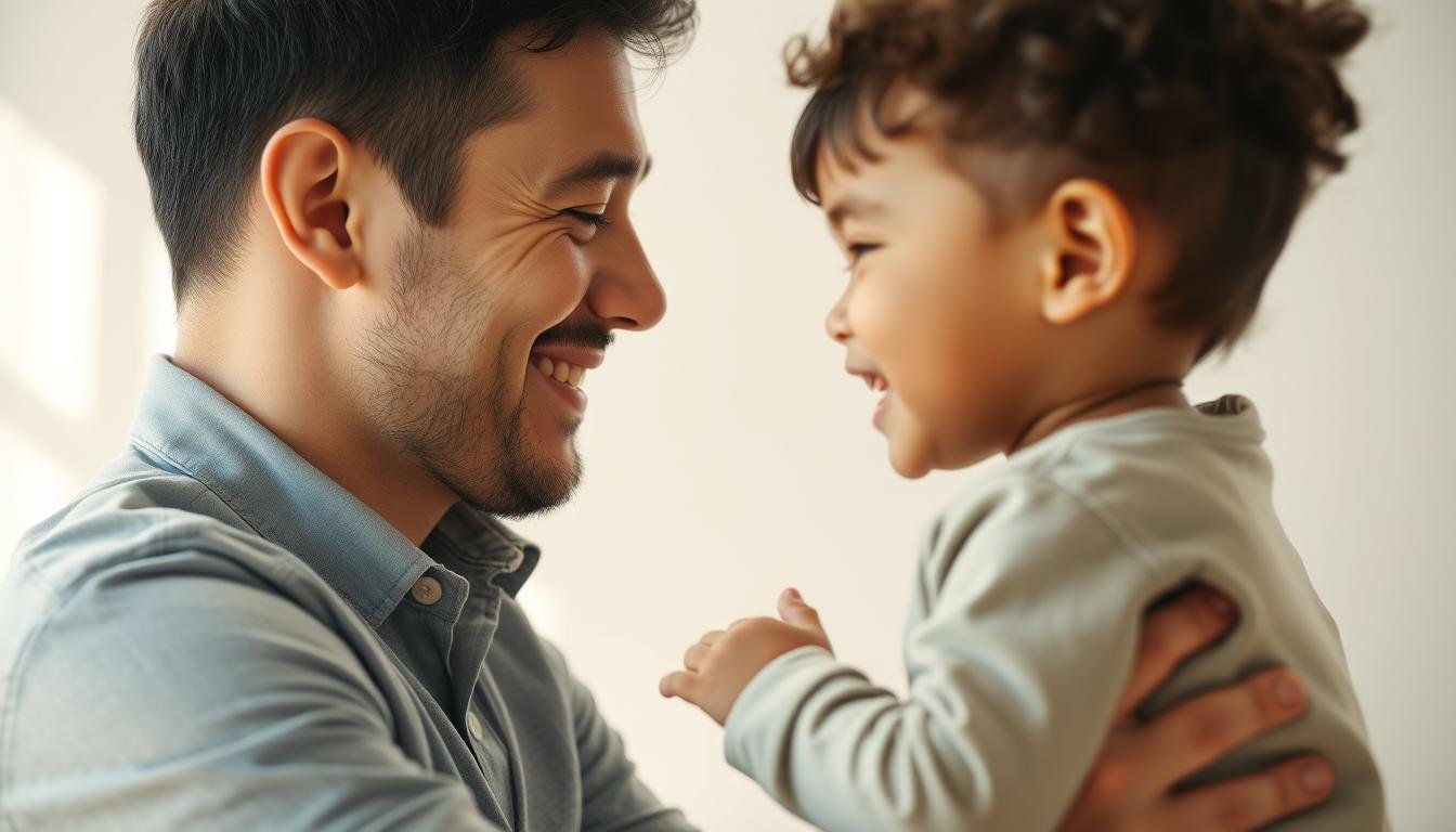 A heartwarming scene of a father and child engaged in genuine, affectionate interaction. The father, with a kind, attentive expression, kneels down to meet the child's gaze at eye level. The child's face radiates joy and trust as they share a moment of genuine connection, their body language conveying a sense of comfort and security. Soft, natural lighting filters through the background, creating a warm, intimate atmosphere that enhances the emotional intimacy of the scene. The composition emphasizes the central interaction, with a clean, minimalist setting that allows the human connection to take center stage.