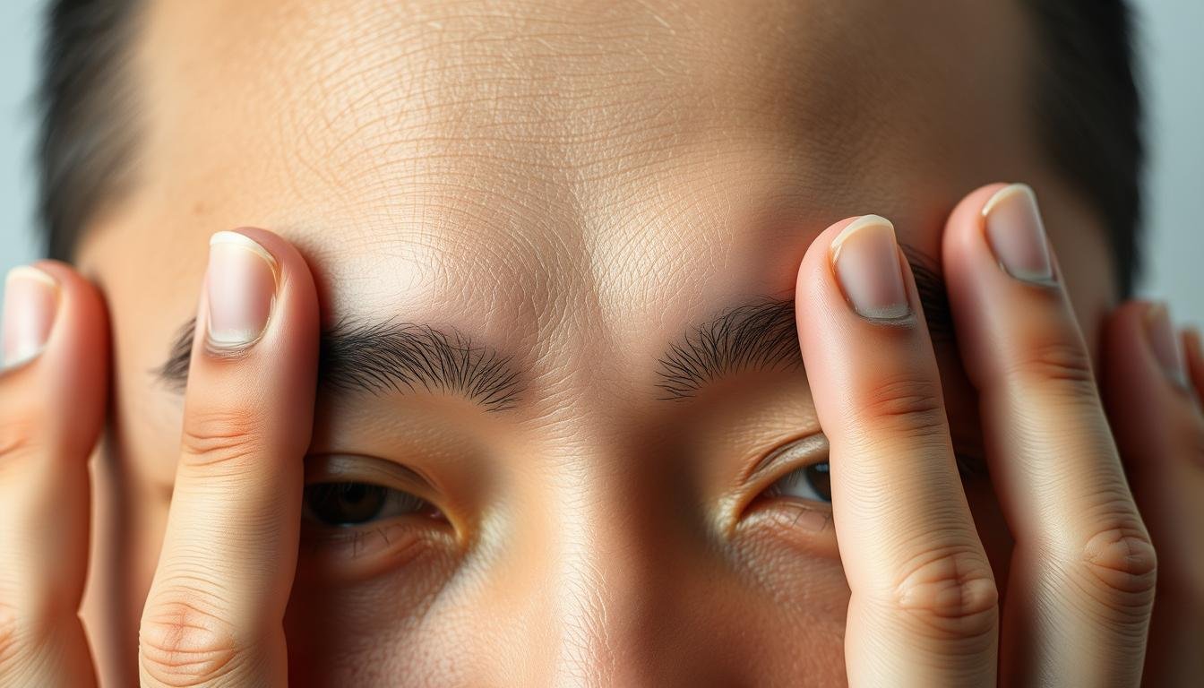 A high-contrast, close-up photograph of a person's forehead, capturing the details of the "San Zhi Si Zhi Ce Fa" (三指四指測法) technique. The forehead occupies the majority of the frame, with soft, even lighting illuminating the smooth, high brow. The skin texture is finely detailed, showcasing pores and fine lines. The fingers of the model's hand are placed strategically on the forehead, demonstrating the measurement method. The composition is centered and symmetrical, creating a sense of balance and precision. The overall mood is serious and analytical, reflecting the focus on physiognomy and its relationship to personal destiny. A high-contrast, close-up photograph of a person's forehead, capturing the details of the "San Zhi Si Zhi Ce Fa" (三指四指測法) technique. The forehead occupies the majority of the frame, with soft, even lighting illuminating the smooth, high brow. The skin texture is finely detailed, showcasing pores and fine lines. The fingers of the model's hand are placed strategically on the forehead, demonstrating the measurement method. The composition is centered and symmetrical, creating a sense of balance and precision. The overall mood is serious and analytical, reflecting the focus on physiognomy and its relationship to personal destiny.