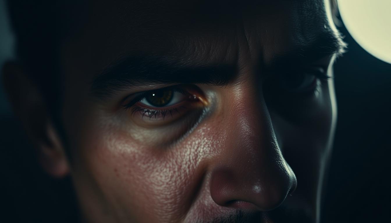A high-contrast close-up portrait of a person's face, focused on their eyebrows, eyes, and facial features. The eyebrows are furrowed in a serious, thoughtful expression, casting strong shadows across the eyes. The eyes are piercing and intense, conveying a sense of deep contemplation. The lighting is dramatic, with a single key light from the left side, creating deep shadows and highlights that accentuate the facial contours. The background is blurred and indistinct, keeping the attention on the subject's face and its intricate details. The overall mood is somber and reflective, evoking a sense of deep insight and insight into the person's character and destiny.