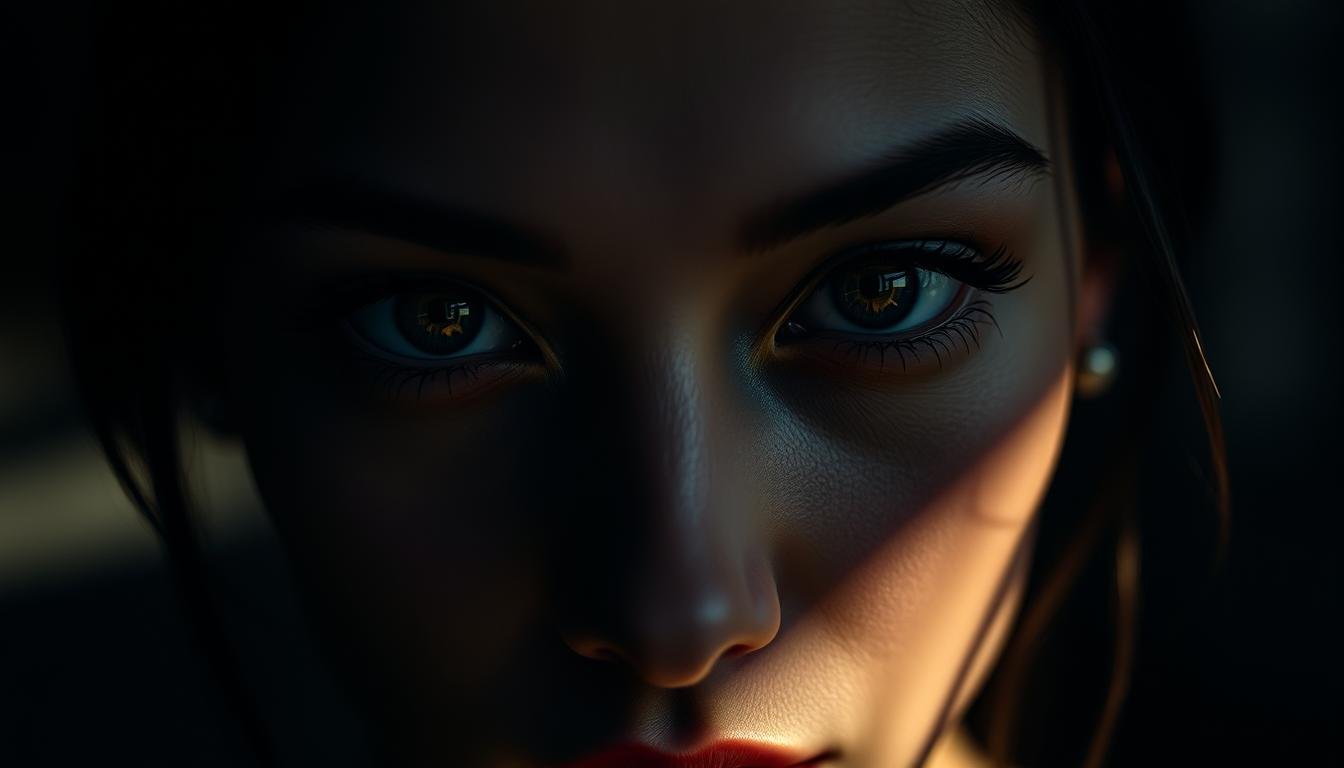 A high-contrast close-up portrait of a woman's face, with an emphasis on her striking almond-shaped eyes. The lighting is dramatic, casting deep shadows and highlights that accentuate the delicate features and the intricate patterns of the irises. The background is blurred, keeping the focus entirely on the eyes and their mesmerizing gaze, which seems to convey a sense of profound insight and destiny. The mood is contemplative, almost mystical, hinting at the hidden depths and the complex interplay of personality traits and life path suggested by the unique shape of the "杏眼".