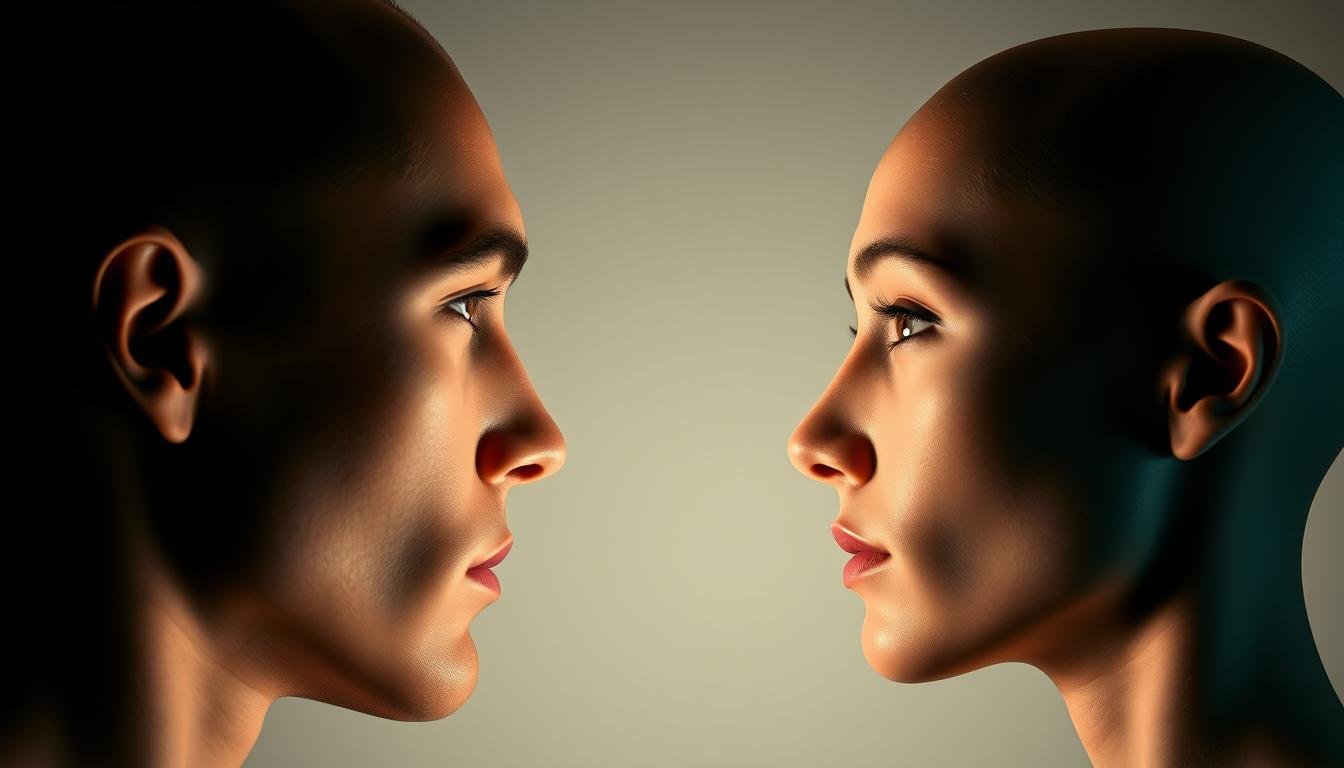 A high-contrast, close-up profile view of two human heads, one male and one female, showcasing the distinct differences in their forehead and facial features. The male head has a more prominent, sloped brow ridge, a stronger jawline, and more angular facial contours. In contrast, the female head has a smoother, more rounded forehead, a softer jawline, and more delicate features. Soft, directional lighting illuminates the faces, casting dramatic shadows that accentuate the structural variations. The background is a muted, neutral tone that allows the subjects to stand out. The overall mood is one of scientific observation, highlighting the subtle yet distinct physiognomic disparities between the genders.
