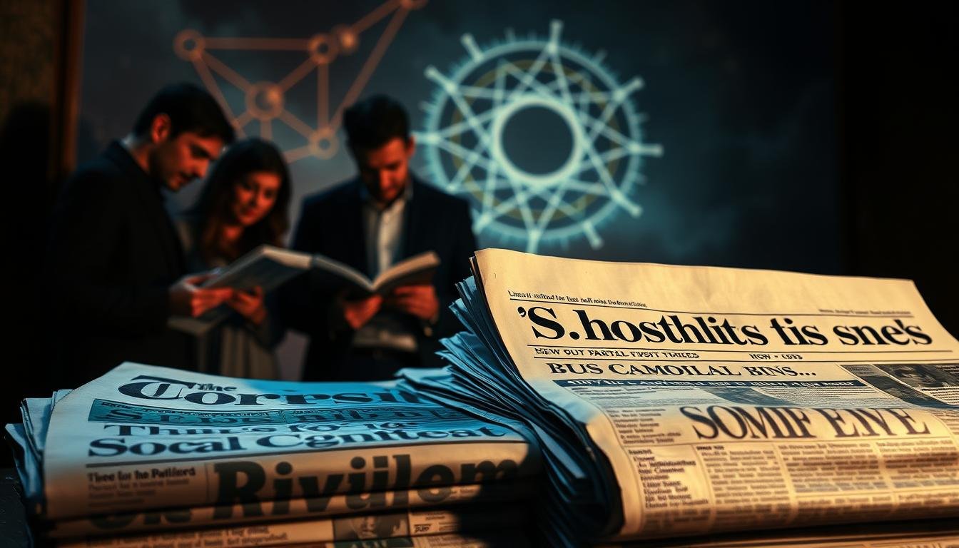 A high-contrast scene of a newspaper headline and social commentary, with a metaphysical, analytical atmosphere. In the foreground, a stack of newspapers with bold headlines about a scandalous news story. In the middle ground, individuals poring over the papers, their expressions contemplative. In the background, an ethereal, astrological-inspired overlay, hinting at the deeper, esoteric implications of the events. Dramatic chiaroscuro lighting, with warm tones in the foreground fading into a cooler, more mystical palette. A sense of introspection and a search for meaning, as the news and societal reactions are examined through a lens of metaphysical analysis.