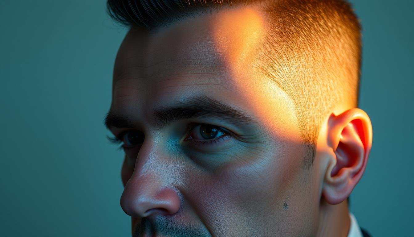 A high forehead with pronounced brow ridges, signifying intelligence, ambition and leadership. A calm, serene facial expression radiates confidence and determination. Subtle warm lighting from the side accentuates the noble features, casting dramatic shadows that convey a sense of power and influence. The subject's gaze is focused, hinting at a visionary mindset and ability to strategize for success. A clean, minimalist background allows the face to be the central focus, drawing the viewer's attention to the key indicators of prosperity and achievement. A high forehead with pronounced brow ridges, signifying intelligence, ambition and leadership. A calm, serene facial expression radiates confidence and determination. Subtle warm lighting from the side accentuates the noble features, casting dramatic shadows that convey a sense of power and influence. The subject's gaze is focused, hinting at a visionary mindset and ability to strategize for success. A clean, minimalist background allows the face to be the central focus, drawing the viewer's attention to the key indicators of prosperity and achievement.