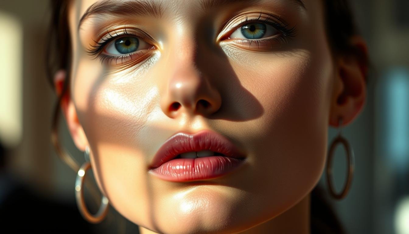 A high, prominent cheekbone set against a delicate, porcelain complexion. Dramatic lighting casts dramatic shadows, defining the angular features with precision. The subject's gaze is serene, yet alluring - hinting at an intriguing, global charm. The composition places the cheekbone as the central focus, framed by a softly blurred background that suggests an international, cosmopolitan setting. Subtle, elegant tones evoke a sense of refined sophistication, a face that captivates across cultural boundaries.