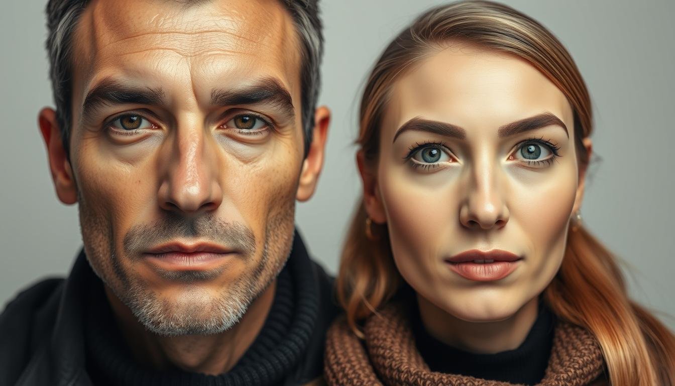 A high-quality, large-format portrait photograph showcasing the distinct facial features and expressions of a man and a woman, side by side, emphasizing the differences in their eyebrow shapes, textures, and densities. Captured with a professional-grade camera and premium telephoto lens, the lighting is soft and evenly distributed, creating a sense of depth and dimension. The subjects are framed centrally, with a clean, neutral background that allows the faces to be the focal point. The mood is serene and contemplative, inviting the viewer to closely examine and compare the subtle nuances between the male and female eyebrow characteristics.