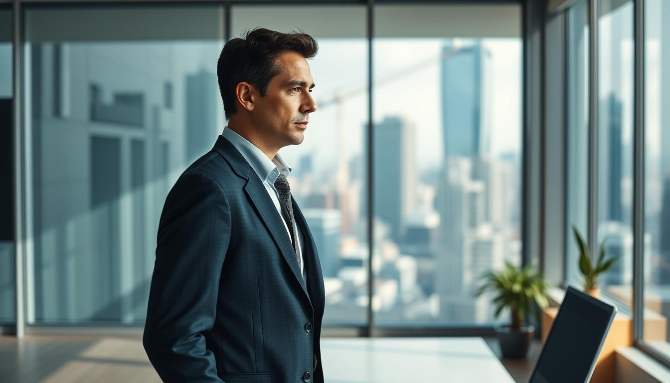 A high-quality, photorealistic image of a modern, minimalist office setting with a large window overlooking a cityscape. In the foreground, a well-dressed individual, likely a successful business leader or public figure, is standing in front of a clean, modern desk, deep in contemplation. The lighting is soft and natural, highlighting the individual's facial features and creating a sense of depth and atmosphere. The background is blurred, but hints at the bustling city outside, suggesting the subject's connection to the wider world and their influence. The mood is one of quiet introspection and thoughtful engagement, reflecting the "modern perspective and case studies" theme. A high-quality, photorealistic image of a modern, minimalist office setting with a large window overlooking a cityscape. In the foreground, a well-dressed individual, likely a successful business leader or public figure, is standing in front of a clean, modern desk, deep in contemplation. The lighting is soft and natural, highlighting the individual's facial features and creating a sense of depth and atmosphere. The background is blurred, but hints at the bustling city outside, suggesting the subject's connection to the wider world and their influence. The mood is one of quiet introspection and thoughtful engagement, reflecting the "modern perspective and case studies" theme.