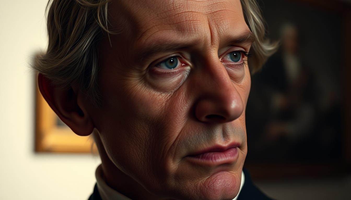 A high-resolution close-up portrait of a famous historical figure, displaying distinctive "windswept ear" facial features. The subject is captured with dramatic, side lighting that casts deep shadows, accentuating the unique facial structure. The background is a muted, blurred setting suggestive of an art gallery or museum, allowing the portrait to be the sole focus. The overall mood is one of introspection and scholarly examination, inviting the viewer to study the intriguing facial characteristics associated with this classical physiognomic concept. A high-resolution close-up portrait of a famous historical figure, displaying distinctive "windswept ear" facial features. The subject is captured with dramatic, side lighting that casts deep shadows, accentuating the unique facial structure. The background is a muted, blurred setting suggestive of an art gallery or museum, allowing the portrait to be the sole focus. The overall mood is one of introspection and scholarly examination, inviting the viewer to study the intriguing facial characteristics associated with this classical physiognomic concept.