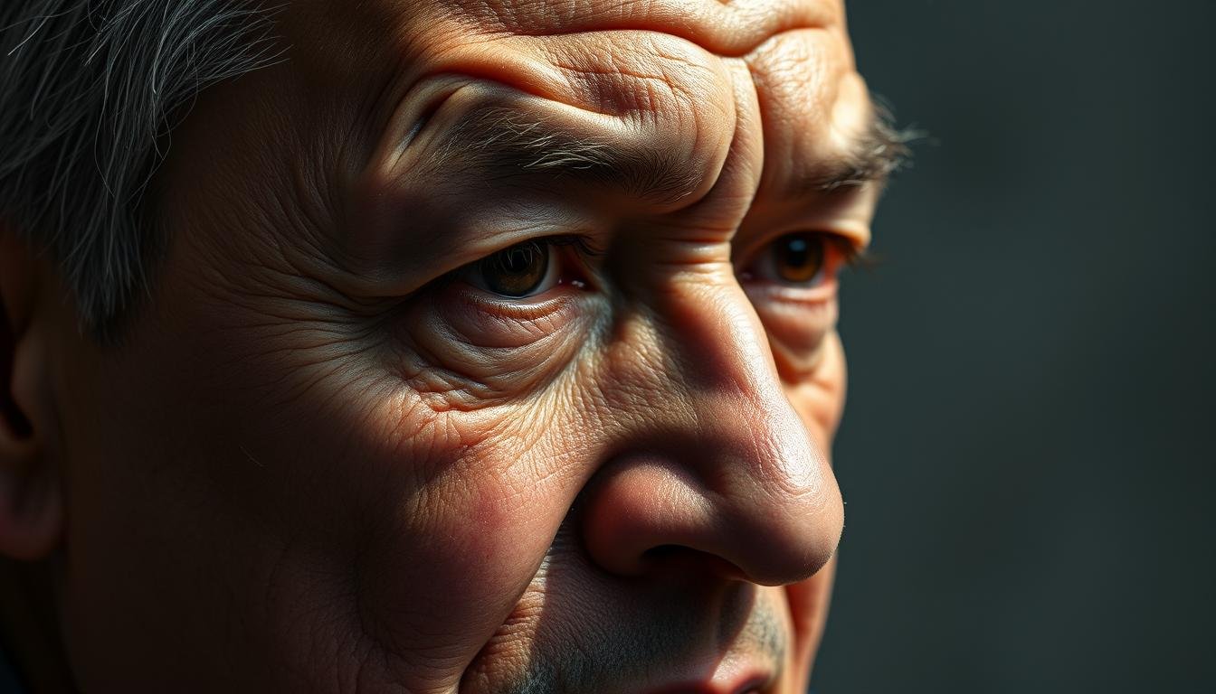 A high-resolution close-up portrait of a mature male face, with a strong and prominent forehead crease or frown line, also known as the "law sign" or "fate line" in Chinese face reading. The skin has a weathered, textured appearance, reflecting a lifetime of hard work and responsibilities. The man's gaze is serious and contemplative, with a slight frown conveying a sense of diligence and focus. Soft, directional lighting from the side casts dramatic shadows, accentuating the facial features and creating a sense of depth and dimension. The background is blurred and muted, allowing the face to be the central focus of the image.