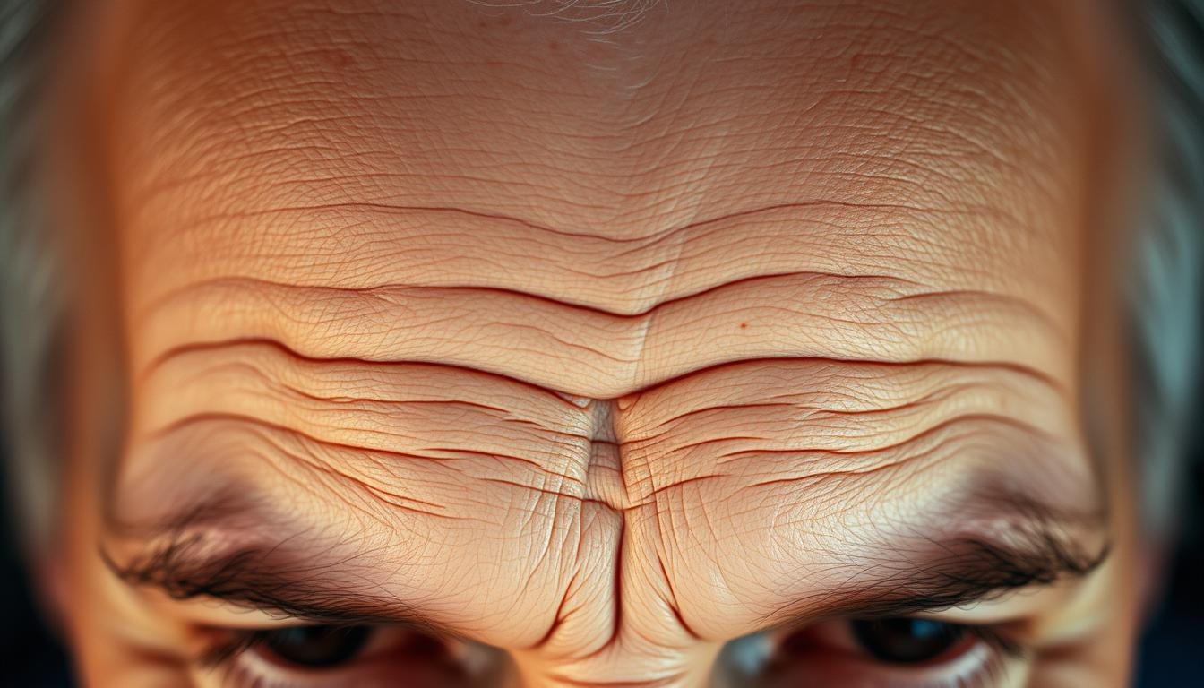 A high-resolution close-up portrait of a person's forehead, showcasing the intricate patterns and lines of their wrinkles and furrows. The lighting is soft and diffused, creating a warm, contemplative atmosphere that enhances the textural details of the skin. The composition is tightly framed, focusing the viewer's attention on the subtle nuances of the forehead's topography. The image should convey a sense of depth and dimensionality, with a clear emphasis on the subject's unique facial features and the story they might reveal about the individual's life experiences, personality, and potential future. A high-resolution close-up portrait of a person's forehead, showcasing the intricate patterns and lines of their wrinkles and furrows. The lighting is soft and diffused, creating a warm, contemplative atmosphere that enhances the textural details of the skin. The composition is tightly framed, focusing the viewer's attention on the subtle nuances of the forehead's topography. The image should convey a sense of depth and dimensionality, with a clear emphasis on the subject's unique facial features and the story they might reveal about the individual's life experiences, personality, and potential future.