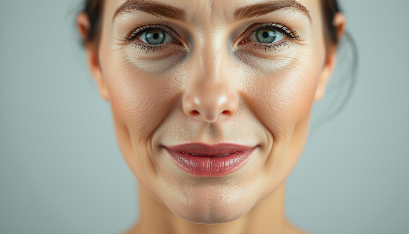 A high-resolution close-up portrait of a woman's face, showcasing the visible improvements in her facial features after an aesthetic medical procedure. The lighting is soft and flattering, emphasizing the natural contours and texture of her skin. The background is subtly blurred, keeping the focus on the subject's face. The expression is serene and confident, reflecting the positive transformative effects of the treatment. The image conveys a sense of rejuvenation and subtle enhancement, capturing the essence of how aesthetic medical interventions can help address common facial concerns such as wrinkles, fine lines, and uneven skin tone.