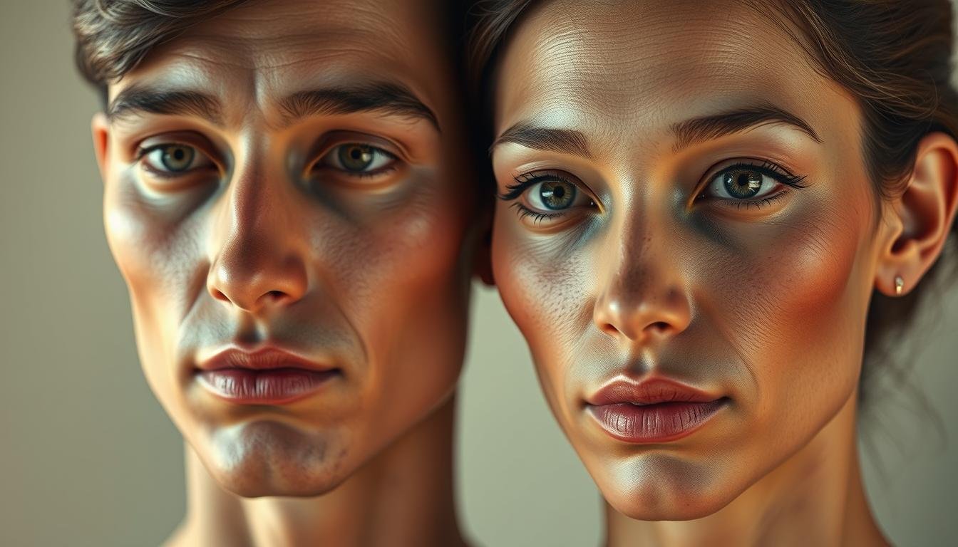 A high-resolution, detailed analysis of the distinct physiognomic features and facial structures that characterize the differences between male and female faces. Rendered in a realistic, naturalistic style with soft, warm lighting that accentuates the subtle contours and textures of the skin, bone structure, and facial expressions. Occupying the center of the frame, two faces - one male, one female - side by side, captured in a slightly angled, three-quarter view to highlight the unique attributes of each. Subtle hints of cultural and ethnic diversity to represent the broad spectrum of human physiognomy. The overall mood is one of scientific curiosity and an objective, analytical exploration of the intriguing subject of gender-based facial differences. A high-resolution, detailed analysis of the distinct physiognomic features and facial structures that characterize the differences between male and female faces. Rendered in a realistic, naturalistic style with soft, warm lighting that accentuates the subtle contours and textures of the skin, bone structure, and facial expressions. Occupying the center of the frame, two faces - one male, one female - side by side, captured in a slightly angled, three-quarter view to highlight the unique attributes of each. Subtle hints of cultural and ethnic diversity to represent the broad spectrum of human physiognomy. The overall mood is one of scientific curiosity and an objective, analytical exploration of the intriguing subject of gender-based facial differences.
