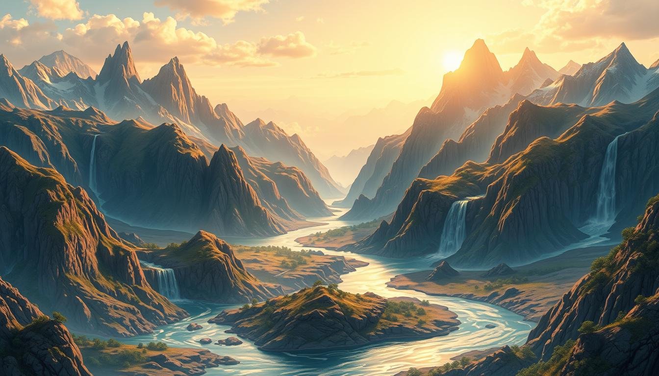 A high-resolution, detailed illustration depicting the symbolic "Five Peaks and Four Rivers" landscape, representing the core principles of physiognomy. The image showcases a majestic, mountainous backdrop with distinct geological formations, cascading waterfalls, and winding rivers. The scene is bathed in warm, golden light, creating a serene and contemplative atmosphere. The composition highlights the intricate relationship between the natural environment and the underlying principles of face reading, inviting the viewer to delve into the esoteric knowledge of this ancient Chinese art. A high-resolution, detailed illustration depicting the symbolic "Five Peaks and Four Rivers" landscape, representing the core principles of physiognomy. The image showcases a majestic, mountainous backdrop with distinct geological formations, cascading waterfalls, and winding rivers. The scene is bathed in warm, golden light, creating a serene and contemplative atmosphere. The composition highlights the intricate relationship between the natural environment and the underlying principles of face reading, inviting the viewer to delve into the esoteric knowledge of this ancient Chinese art.