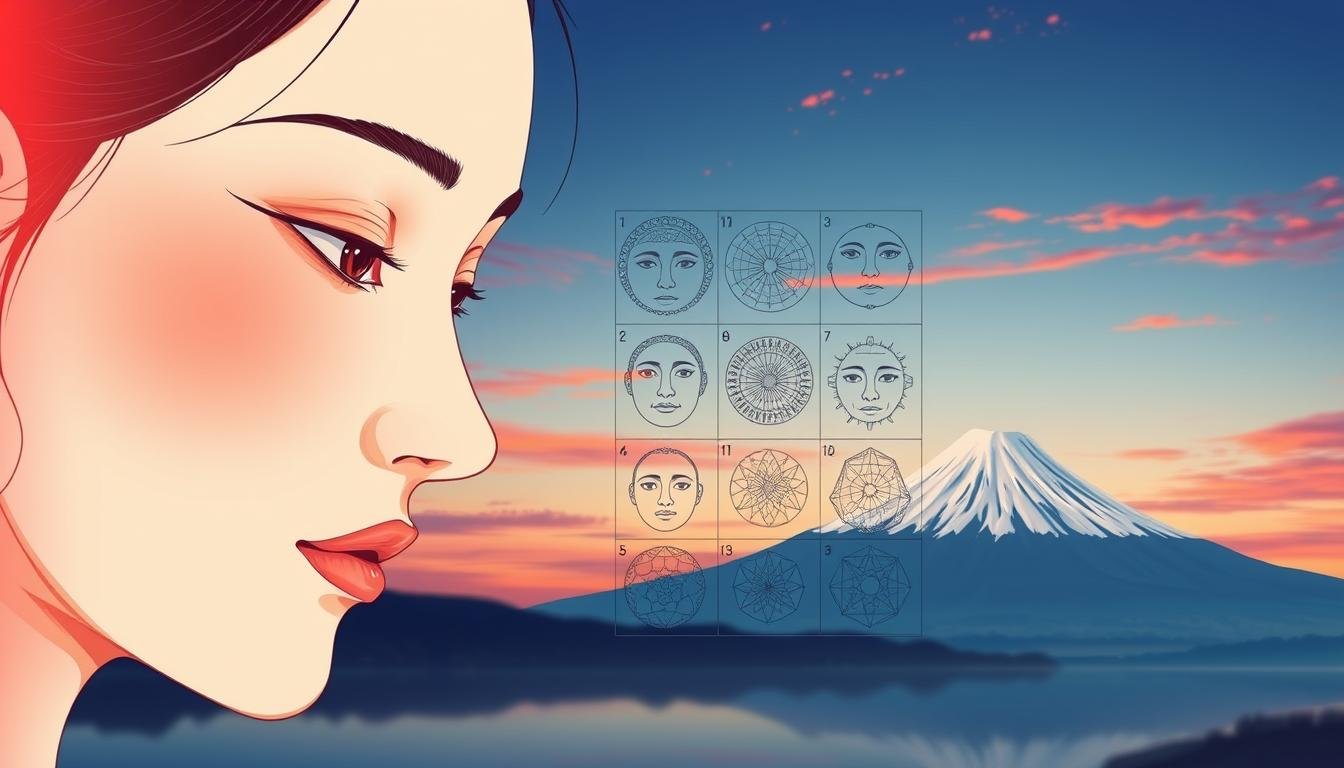 A high-resolution, detailed illustration of a Japanese face reading psychological evaluation. The foreground features a woman's face in profile, with delicate facial features and a serene expression. The middle ground showcases a grid of smaller facial diagrams and charts, each with intricate patterns and lines representing the principles of physiognomy. The background depicts a tranquil Japanese landscape, with Mount Fuji silhouetted against a vibrant sunset sky. The overall mood is one of contemplation and mysticism, inviting the viewer to explore the ancient art of face reading.