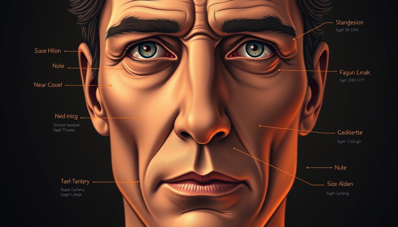 A high-resolution, detailed illustration of the human face with precise annotations highlighting the key mole or birthmark positions that can influence one's career and financial fortunes. The image should be rendered in a realistic, lifelike style using warm, natural lighting and a shallow depth of field to focus attention on the facial features. The overall mood should convey a sense of wisdom, insight, and the deep connection between physical appearance and destiny. The background should be minimal, allowing the face to be the central focus.