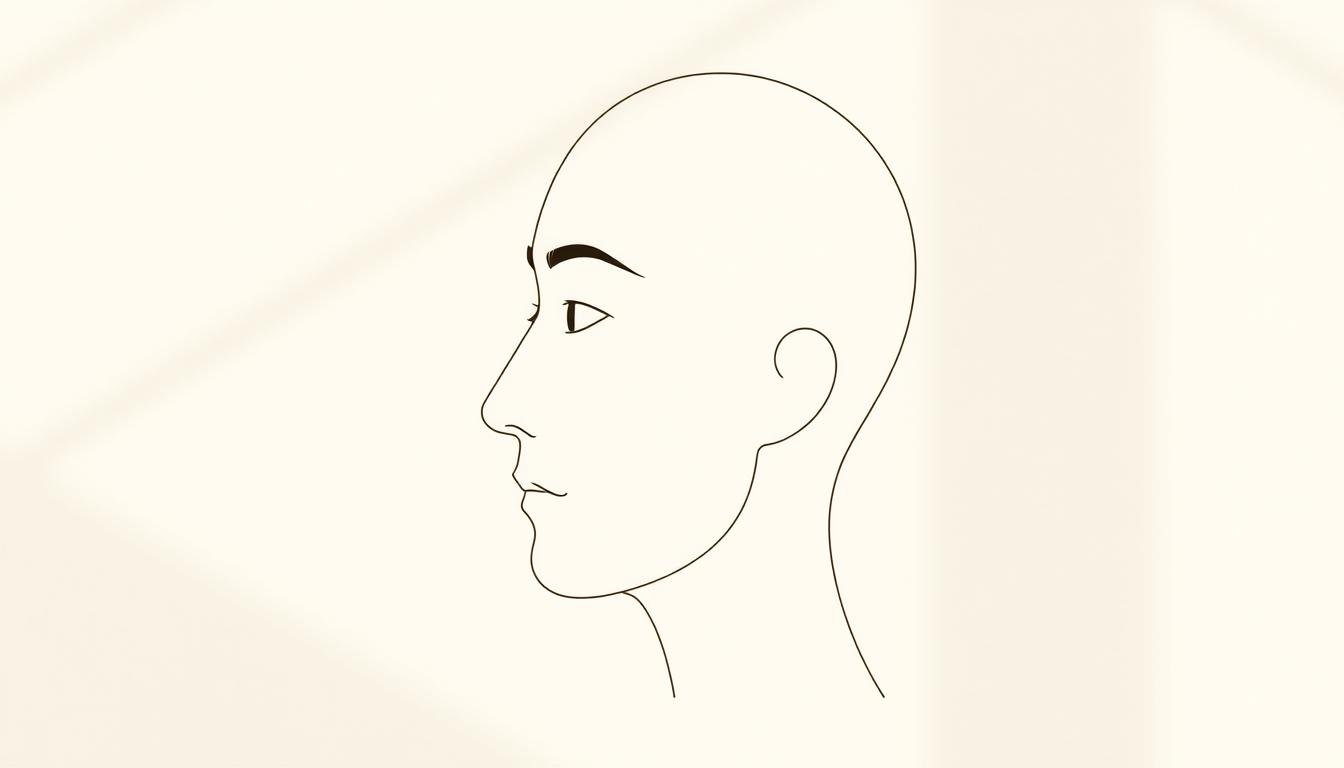 A high-resolution, finely detailed image of a physiognomy analysis diagram showcasing the "Three Stops Proportions" (三停比例) principles of facial analysis. The diagram features a precise, symmetrical human face in profile view, with clear delineation of key facial features and proportions. The image has a clean, minimalist aesthetic with a neutral color scheme, evocative of traditional East Asian art and design. The lighting is soft and directional, casting subtle shadows to accentuate the facial contours. The overall mood is one of contemplative study and scholarly exploration of the intricacies of physiognomy.