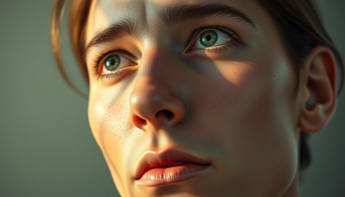 A high-resolution, photorealistic illustration of the human face, showcasing the precise location and anatomical details of the zygomatic (cheekbone) mole. The subject's gaze is directed slightly upwards, conveying a sense of introspection and contemplation. The lighting is warm and diffused, accentuating the contours of the cheekbone and casting soft shadows across the facial features. The background is subtly blurred, keeping the viewer's focus on the central area of interest. The overall mood is one of thoughtfulness and insight, reflecting the nuanced relationship between facial characteristics and personal destiny.