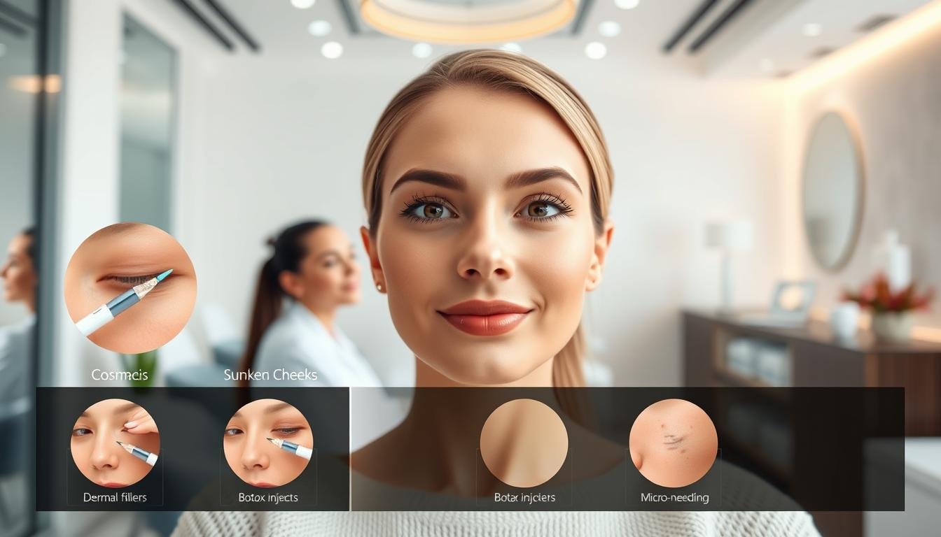 A high-resolution, photorealistic image of modern medical aesthetic treatment options for addressing sunken cheeks. The foreground showcases various non-invasive cosmetic procedures like dermal fillers, Botox injections, and micro-needling. The middle ground features a consultation with a skilled aesthetic physician, while the background depicts a serene, modern medical spa setting with soft lighting and clean, minimalist decor. The overall mood is one of confidence, professionalism, and a natural, rejuvenated appearance.