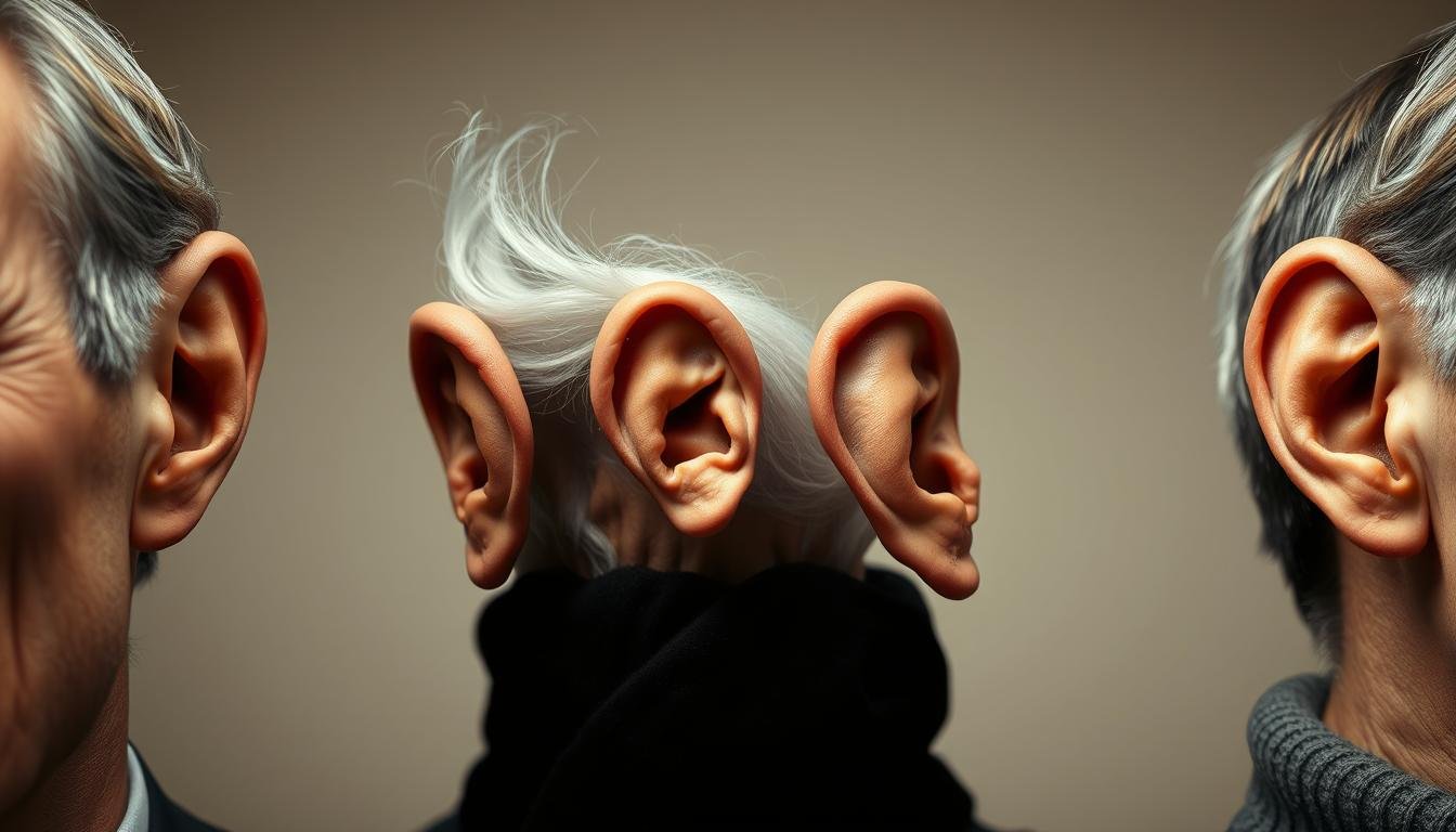 A high-resolution, photorealistic portrait of several famous individuals, showcasing their distinctive ear shapes and features, set against a neutral, soft-focus background. The lighting is carefully balanced, with natural, directional illumination that accentuates the contours and textures of the ears. The composition focuses on the ears, with the faces partially obscured or cropped, allowing the viewer to closely examine the unique characteristics of each person's ear structure and how it relates to their perceived personality and destiny, as per the principles of physiognomy. The overall mood is one of scientific curiosity and contemplation, inviting the viewer to study and interpret the insights offered by the subject's ear shapes.