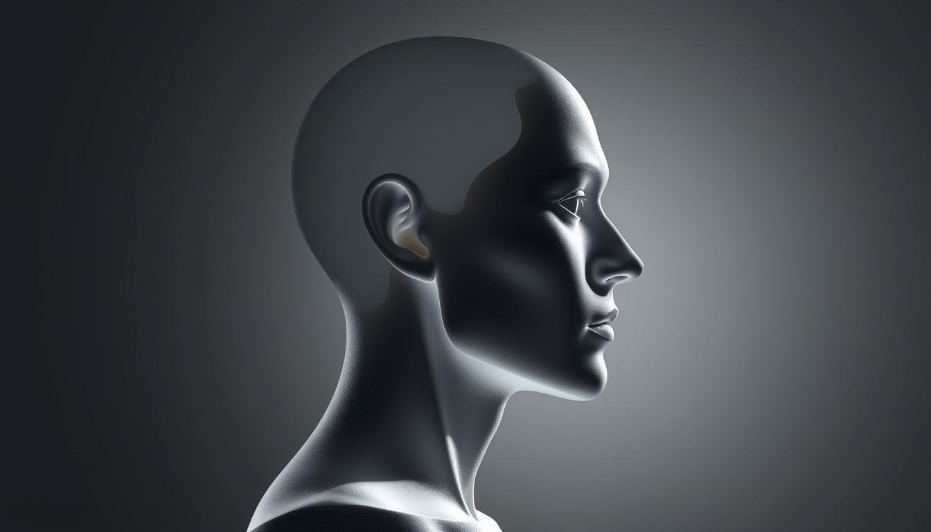 A highly detailed 3D render of a 3D-printed profile silhouette, showcasing the intricate contours and precise sculpting. The model is lit from the side, casting dramatic shadows that accentuate the form's angular features and subtle curves. The background is a minimalist, muted gray, allowing the subject to take center stage. The overall mood is one of clinical precision and technical sophistication, reflecting the nuanced relationship between physiognomy and destiny, as explored in the article's section on the ideal chin proportions and personalized 3D aesthetic enhancements.