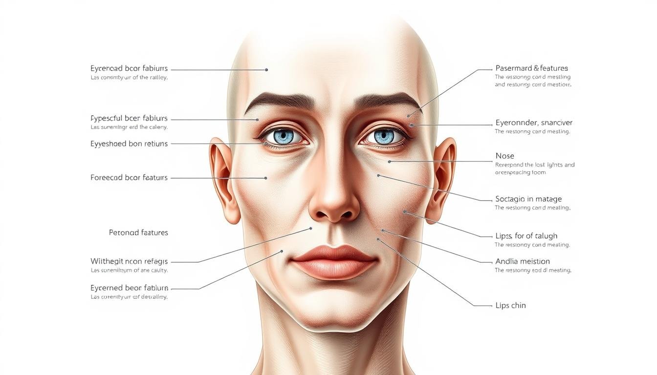 A highly detailed, anatomical illustration of the key facial features and their corresponding physiognomic significance. Precise, scientific rendering of the forehead, eyebrows, eyes, nose, cheeks, lips, and chin, showcasing the intricate relationship between facial landmarks and personality traits. Rendered in a clean, minimal style with subtle textures and soft lighting to highlight the contours and structure of the face. The illustration has a clinical, educational tone, devoid of any distracting elements, allowing the viewer to focus on the informative nature of the content. A highly detailed, anatomical illustration of the key facial features and their corresponding physiognomic significance. Precise, scientific rendering of the forehead, eyebrows, eyes, nose, cheeks, lips, and chin, showcasing the intricate relationship between facial landmarks and personality traits. Rendered in a clean, minimal style with subtle textures and soft lighting to highlight the contours and structure of the face. The illustration has a clinical, educational tone, devoid of any distracting elements, allowing the viewer to focus on the informative nature of the content.