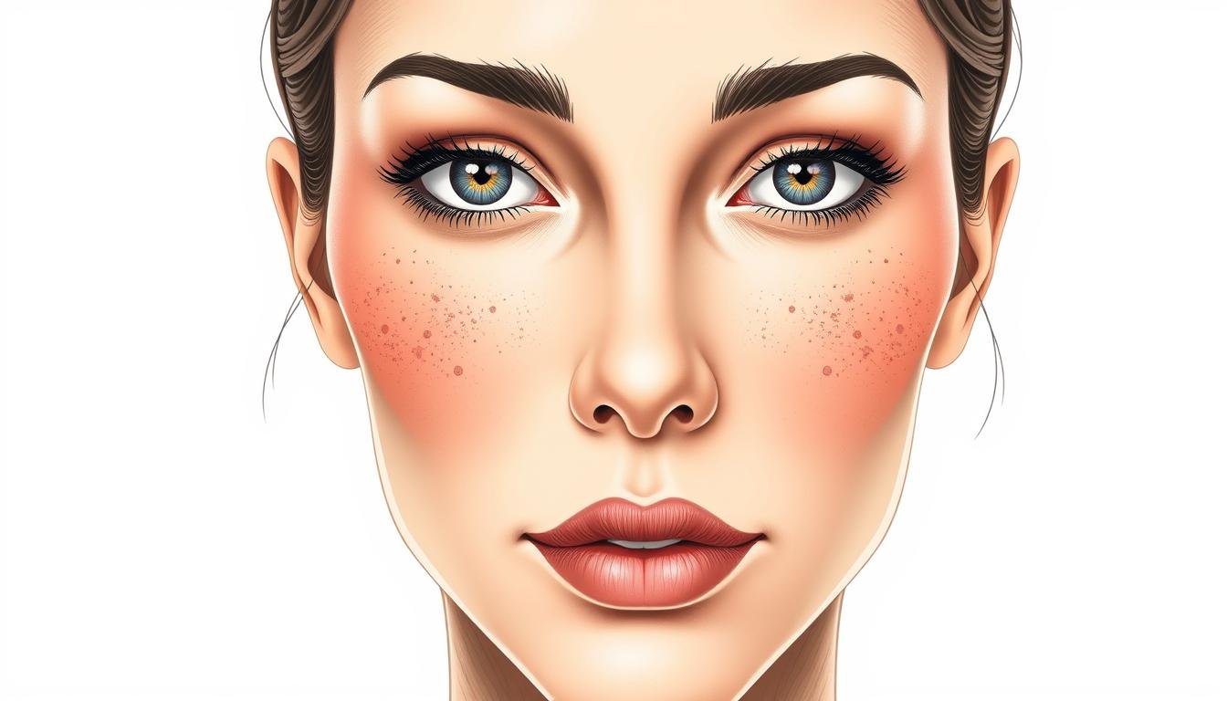 A highly detailed and anatomically accurate illustration of a woman's face, showcasing the key mole/birthmark locations. Rendered in a clean, scientific style with high-resolution textures, precise linework, and neutral lighting to emphasize the facial features. The composition should be centered on the face, with a tight, close-up framing that fills the frame. The background should be a simple, minimalist white or light gray to keep the focus on the facial analysis. The overall mood should be clinical yet aesthetically pleasing, suitable for use in a educational/informational article on facial mole analysis. A highly detailed and anatomically accurate illustration of a woman's face, showcasing the key mole/birthmark locations. Rendered in a clean, scientific style with high-resolution textures, precise linework, and neutral lighting to emphasize the facial features. The composition should be centered on the face, with a tight, close-up framing that fills the frame. The background should be a simple, minimalist white or light gray to keep the focus on the facial analysis. The overall mood should be clinical yet aesthetically pleasing, suitable for use in a educational/informational article on facial mole analysis.