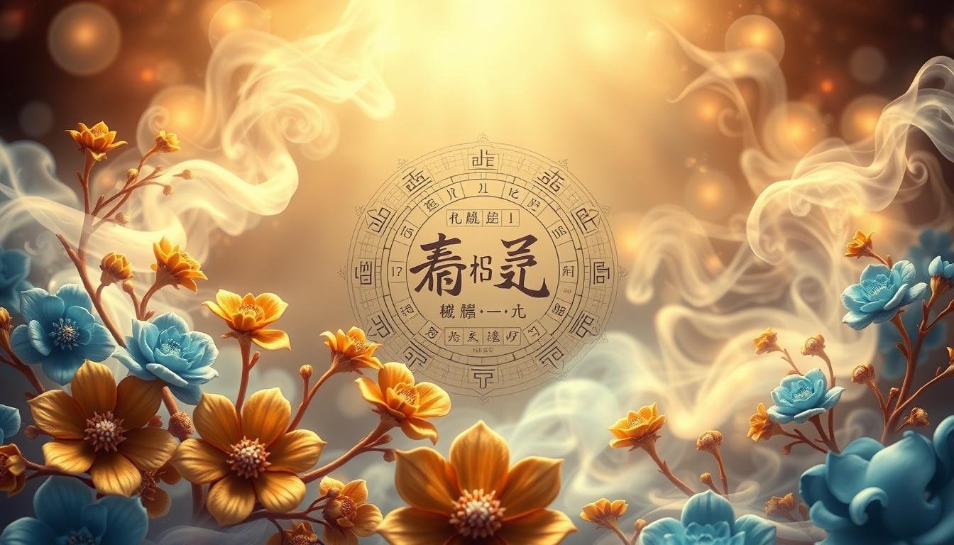A highly detailed, intricately rendered illustration of "命理數據解析金水桃花符號". The foreground features a harmonious arrangement of stylized gold and azure floral motifs, evoking the notion of "金水桃花". The middle ground showcases an elegant, hand-drawn diagram displaying numeric data and symbolic elements, alluding to the "命理數據解析" concept. The background is filled with a mystical, ethereal atmosphere, with soft, atmospheric lighting illuminating the composition. The overall mood is one of mysticism, spirituality, and a deep connection to ancient Chinese divination practices. The technical execution is photo-realistic, with a heightened attention to detail and a strong sense of balance and visual harmony.