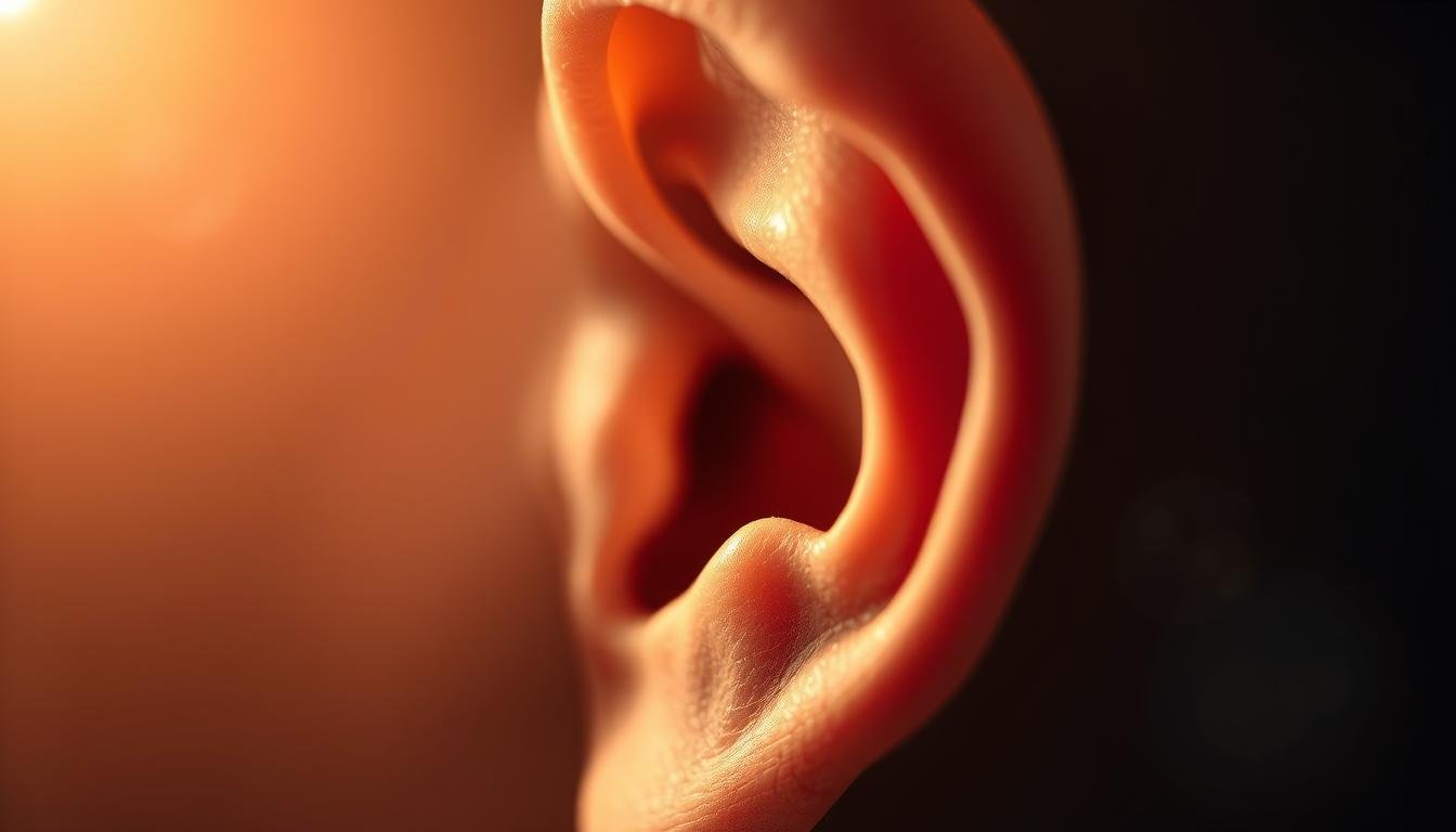 A highly detailed, photorealistic illustration of an ear, meticulously rendered with a soft, warm lighting that accentuates the intricate folds and contours. The ear is prominently featured in the center of the frame, with a captivating depth of field that draws the viewer's attention to the delicate structures within. Subtle shadows and highlights create a sense of depth and dimension, while a muted, harmonious color palette evokes a sense of tranquility and introspection. The overall composition conveys a sense of balance and symmetry, suggesting a connection between the physical features of the ear and the individual's personal traits and success in life. A highly detailed, photorealistic illustration of an ear, meticulously rendered with a soft, warm lighting that accentuates the intricate folds and contours. The ear is prominently featured in the center of the frame, with a captivating depth of field that draws the viewer's attention to the delicate structures within. Subtle shadows and highlights create a sense of depth and dimension, while a muted, harmonious color palette evokes a sense of tranquility and introspection. The overall composition conveys a sense of balance and symmetry, suggesting a connection between the physical features of the ear and the individual's personal traits and success in life.