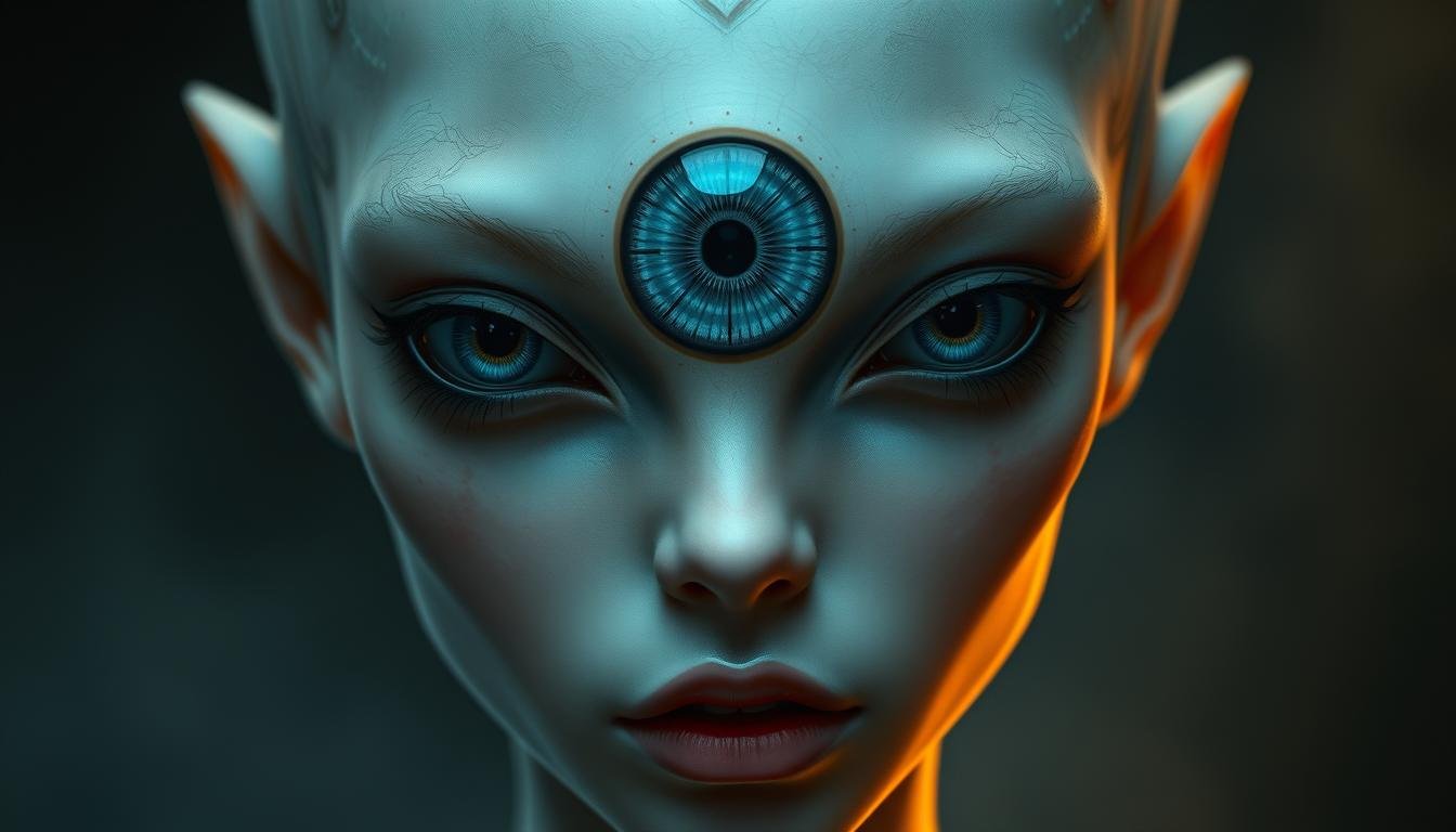 A highly detailed, photorealistic portrait of a three-eyed humanoid figure, with an ethereal, mystical presence. The central eye is larger and more prominent, exuding an intense, piercing gaze that captivates the viewer. The skin has a translucent, porcelain-like quality, hinting at the subject's otherworldly nature. Delicate facial features, high cheekbones, and full lips convey a sense of serene beauty. The figure is illuminated by soft, diffused lighting, casting dramatic shadows that accentuate the contours of the face. The background is hazy and indistinct, allowing the subject to take center stage and command the viewer's attention.