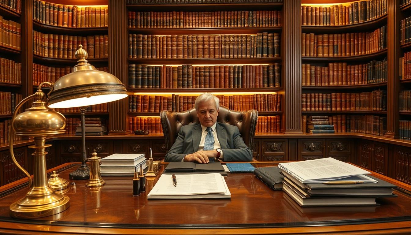 A luxurious study with a large, ornate desk in the center. The desk is adorned with a gleaming brass lamp, a collection of expensive fountain pens, and a meticulously organized stack of financial documents. In the background, a floor-to-ceiling bookshelf filled with leather-bound volumes casts a warm glow, suggesting the owner's refined tastes and intellectual pursuits. A plush leather chair sits behind the desk, inviting the viewer to imagine a prosperous businessman deep in thought, contemplating his next investment or business venture. The lighting is soft and indirect, creating a serene and sophisticated atmosphere befitting a person of significant means. A luxurious study with a large, ornate desk in the center. The desk is adorned with a gleaming brass lamp, a collection of expensive fountain pens, and a meticulously organized stack of financial documents. In the background, a floor-to-ceiling bookshelf filled with leather-bound volumes casts a warm glow, suggesting the owner's refined tastes and intellectual pursuits. A plush leather chair sits behind the desk, inviting the viewer to imagine a prosperous businessman deep in thought, contemplating his next investment or business venture. The lighting is soft and indirect, creating a serene and sophisticated atmosphere befitting a person of significant means.
