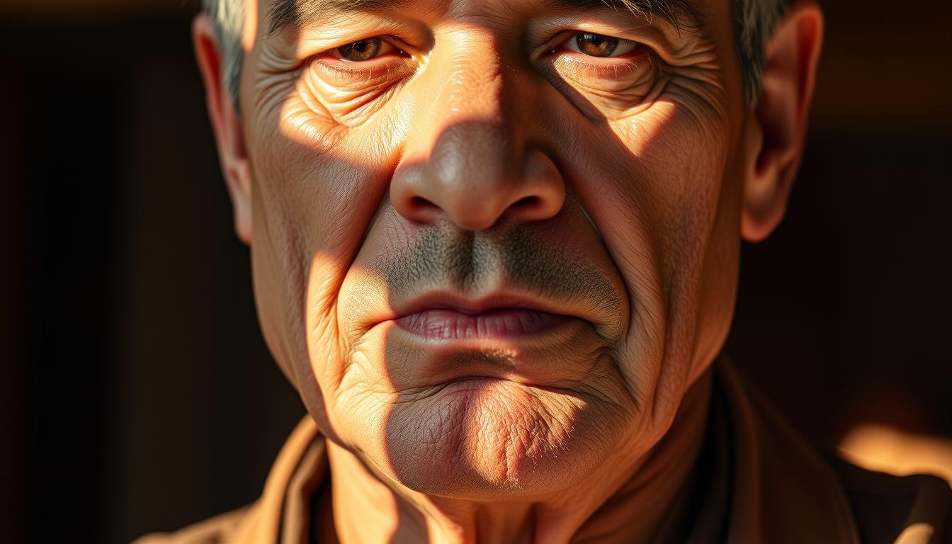 A mature man's strong, prominent chin rests atop a solid, grounded jawline, exuding an air of responsibility and stability. The "地閣" or "earth lock" feature is clearly visible, casting a shadow that suggests a deep-rooted sense of purpose and the ability to shoulder burdens. The lighting is warm and natural, with gentle highlights accentuating the contours of the face, creating a sense of wisdom and experience. The background is subtly blurred, allowing the focus to remain on the expressive facial features that convey the subject's strength of character and capacity for resilience in the face of life's challenges. A mature man's strong, prominent chin rests atop a solid, grounded jawline, exuding an air of responsibility and stability. The "地閣" or "earth lock" feature is clearly visible, casting a shadow that suggests a deep-rooted sense of purpose and the ability to shoulder burdens. The lighting is warm and natural, with gentle highlights accentuating the contours of the face, creating a sense of wisdom and experience. The background is subtly blurred, allowing the focus to remain on the expressive facial features that convey the subject's strength of character and capacity for resilience in the face of life's challenges.
