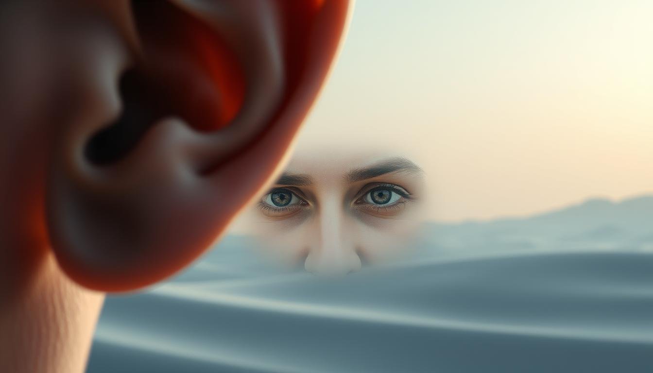 A meticulously balanced composition, capturing the harmonious interplay between the left and right sides. In the foreground, a detailed rendering of a human ear, its intricate folds and contours illuminated by soft, diffused light. Centered in the middle ground, a penetrating gaze from a pair of eyes, conveying a sense of introspection and emotional depth. The background features a serene, minimalist landscape, with subtle gradients and a muted color palette, creating a sense of tranquility and balance. The overall tone is one of contemplation and inner harmony, reflecting the delicate relationship between the senses of sight and sound, and their impact on our overall equilibrium.