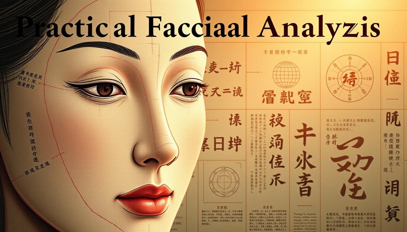 A meticulously crafted illustration of "Practical Facial Analysis Strategies", showcasing the principles and applications of physiognomy. In the foreground, a close-up of a refined, serene human face, its features delicately analyzed and annotated. Midground, an array of ancient Chinese divination texts, calligraphic brushstrokes and symbolic diagrams. The background bathed in a warm, contemplative light, hinting at the timeless wisdom and intuition inherent in the study of facial features. Rendered with a harmonious, soothing palette and a sense of scholarly elegance, this image aims to illuminate the practical insights and applications of this ancient art.