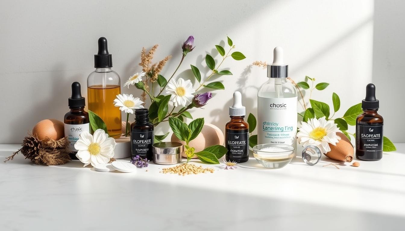 A meticulously curated still life arrangement showcasing the key ingredients of a premium skincare product designed to treat facial lines and wrinkles. Arranged on a clean, minimalist surface, the composition features an array of natural botanicals, essential oils, and advanced skincare actives. Soft, diffused lighting subtly accentuates the textures and colors of the ingredients, creating a sense of sophistication and efficacy. The overall mood is one of quiet confidence and scientific rigor, inviting the viewer to consider the transformative power of this specialized formulation.