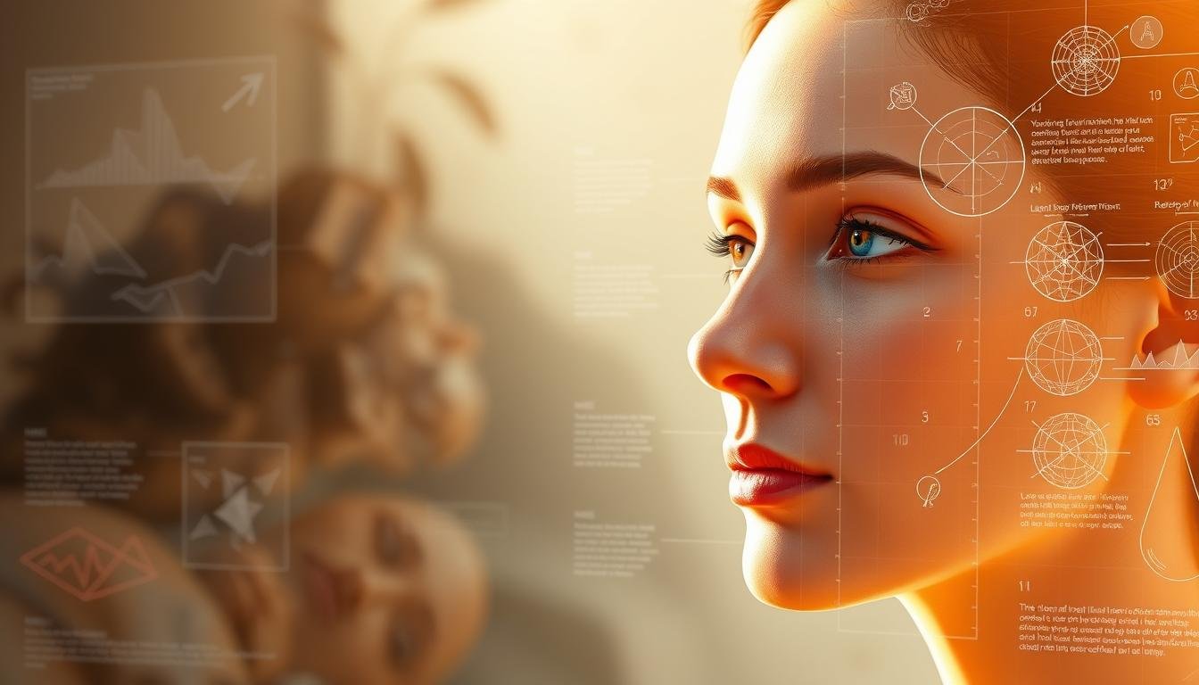 A meticulously detailed digital illustration showcasing the process of facial analysis and personality interpretation. In the foreground, a serene, contemplative portrait of a person's face, captured with warm, natural lighting and a soft, shallow depth of field. The middle ground reveals overlays of geometric shapes, data visualizations, and analytical annotations, highlighting key facial features and their corresponding personality insights. The background subtly blends abstract patterns and textures, creating a sense of depth and complexity. The overall composition conveys a balance between the scientific and the introspective, inviting the viewer to explore the intersection of facial analysis and individual character. A meticulously detailed digital illustration showcasing the process of facial analysis and personality interpretation. In the foreground, a serene, contemplative portrait of a person's face, captured with warm, natural lighting and a soft, shallow depth of field. The middle ground reveals overlays of geometric shapes, data visualizations, and analytical annotations, highlighting key facial features and their corresponding personality insights. The background subtly blends abstract patterns and textures, creating a sense of depth and complexity. The overall composition conveys a balance between the scientific and the introspective, inviting the viewer to explore the intersection of facial analysis and individual character.