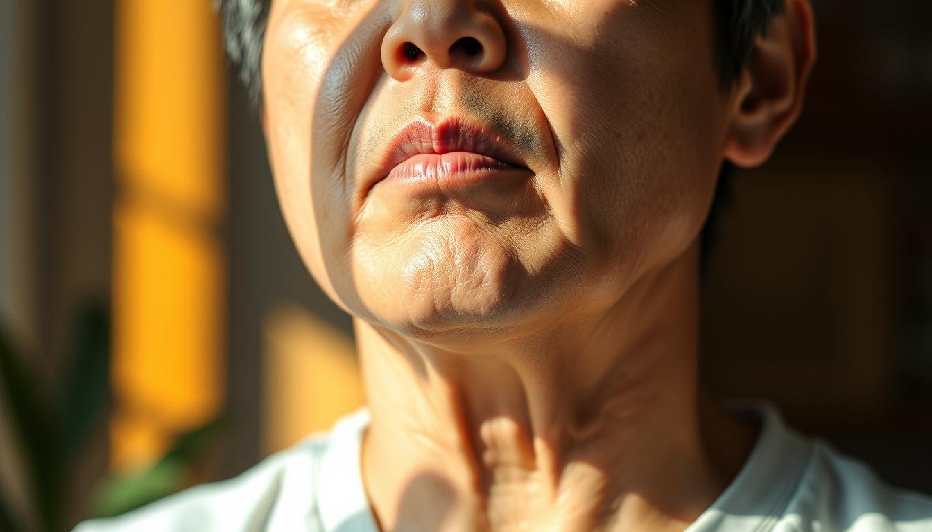 A middle-aged Asian person performing a focused breathing exercise, their chin tilted slightly upward to accentuate the jawline. Soft, natural lighting illuminates the scene, creating warm, gentle shadows that define the facial features. The person's eyes are closed, brow relaxed, as they inhale and exhale deeply, their chest rising and falling gently. The background is blurred, placing emphasis on the subject's face and neck area, showcasing the contours of their short chin. The overall mood is one of calm, concentration, and an introspective, therapeutic atmosphere. A middle-aged Asian person performing a focused breathing exercise, their chin tilted slightly upward to accentuate the jawline. Soft, natural lighting illuminates the scene, creating warm, gentle shadows that define the facial features. The person's eyes are closed, brow relaxed, as they inhale and exhale deeply, their chest rising and falling gently. The background is blurred, placing emphasis on the subject's face and neck area, showcasing the contours of their short chin. The overall mood is one of calm, concentration, and an introspective, therapeutic atmosphere.