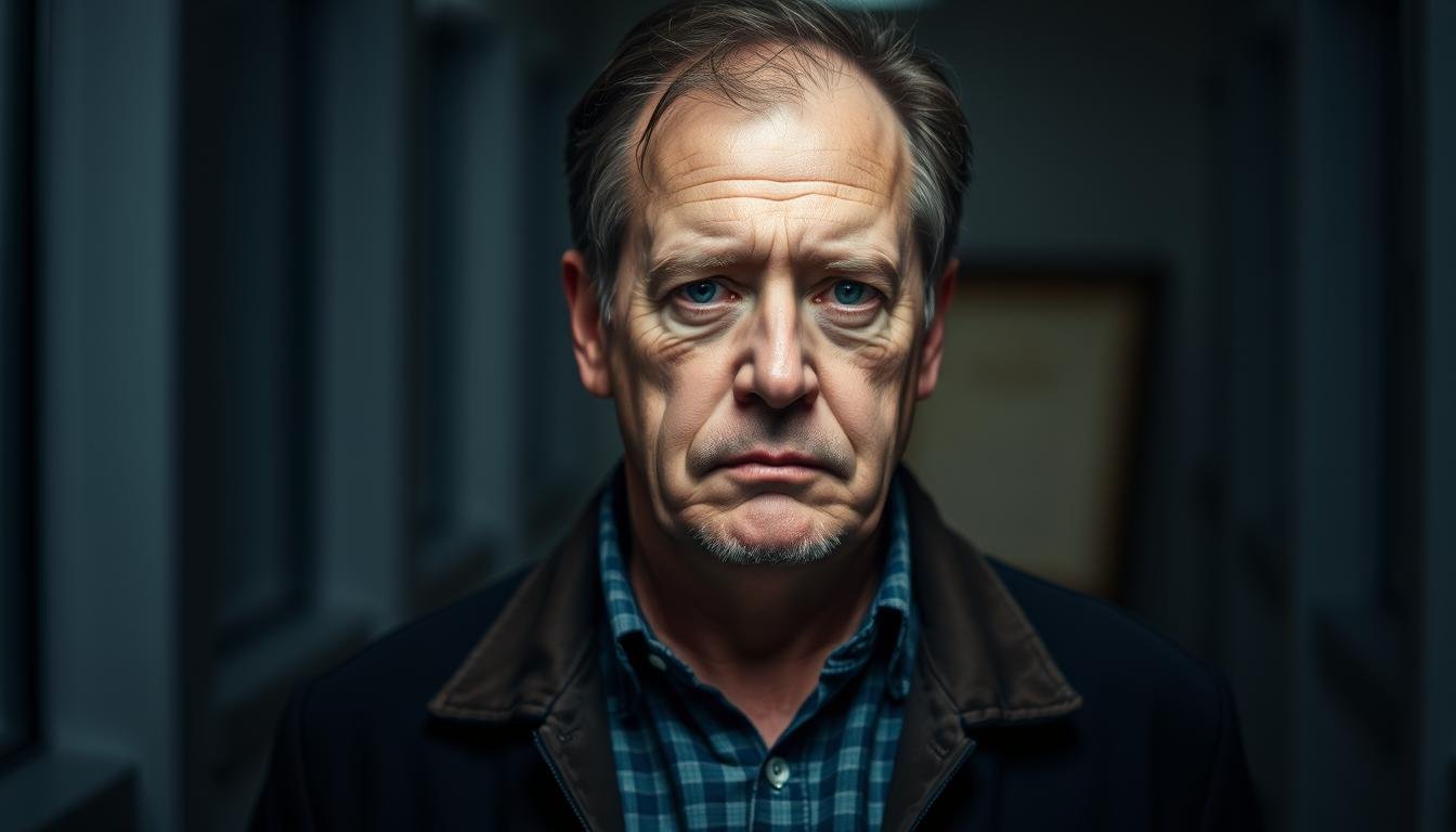 A middle-aged man with a recessed chin and a pensive expression stands in the center of the frame. His serious demeanor and inward-facing posture suggest an introverted, analytical personality. The lighting is soft and subtle, casting gentle shadows that accentuate the contours of his face. The background is blurred, drawing the viewer's focus to the man's introspective gaze, hinting at the depth of his character and the challenges he may face. The overall mood is one of thoughtful introspection, reflecting the contemplative nature of the subject.