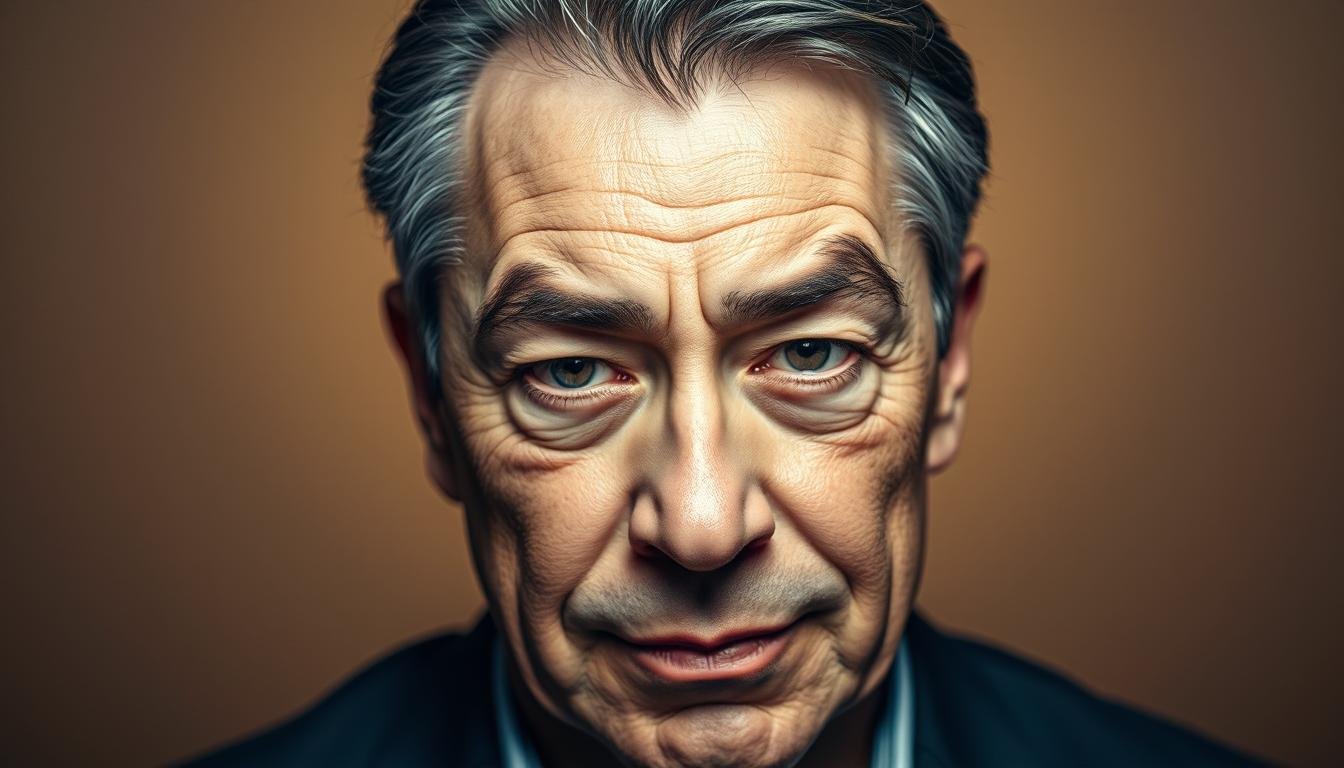 A middle-aged man with striking eyebrows that command attention. His brows are thick, angular, and appear meticulously groomed, forming a distinctive "刀裁" shape that conveys an air of authority and decisiveness. The lighting is dramatic, casting deep shadows that accentuate the dramatic arch and sharp definition of his brows. The background is a soft, blurred gradient of earthy tones, allowing the subject's face to be the focal point. An aura of confidence and financial success radiates from the man, suggesting a connection between his powerful eyebrows and his prosperous fate.