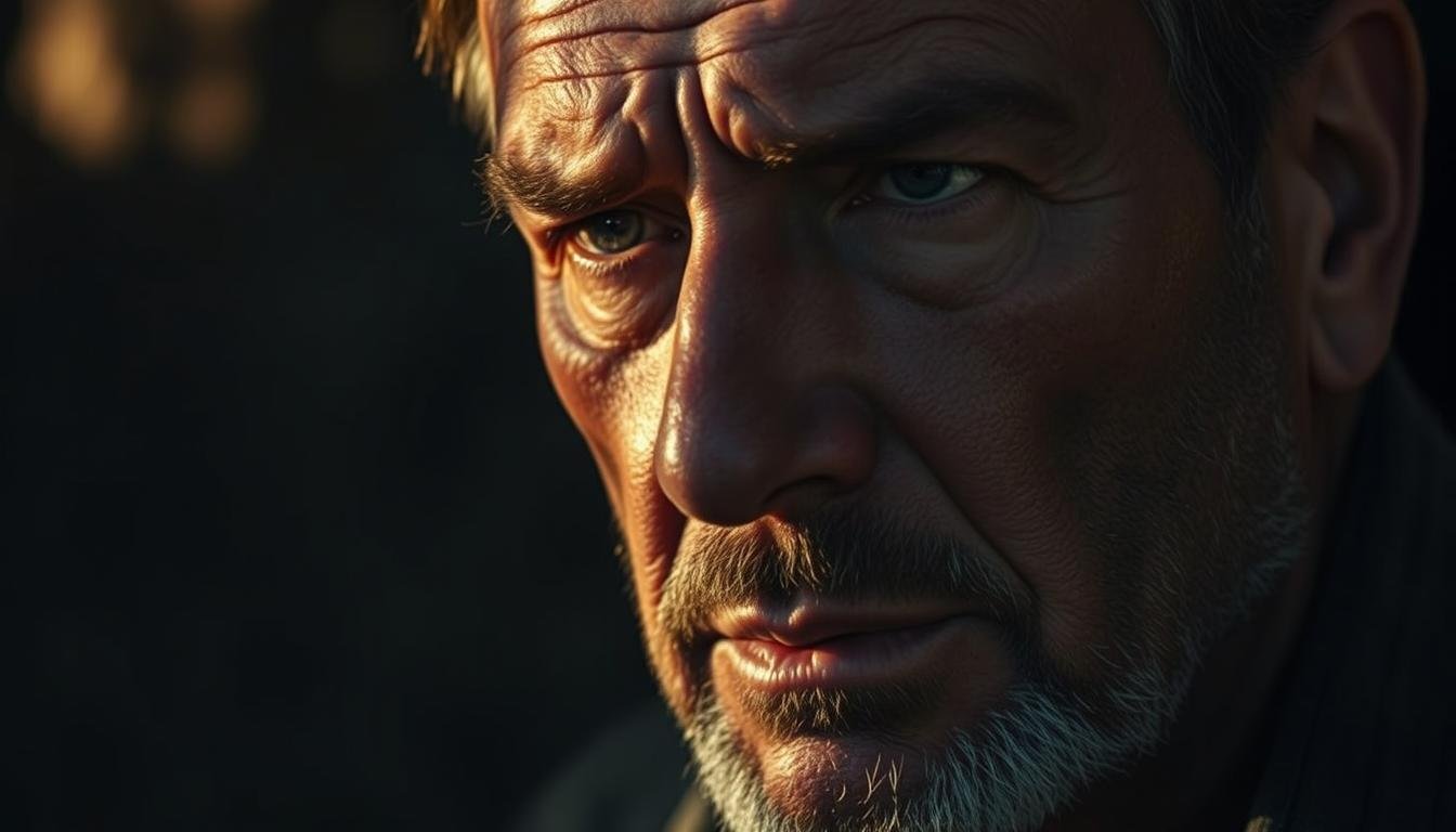 A middle-aged man's chiseled jawline, casting strong shadows under warm evening lighting. His weathered face reflects a lifetime of wisdom and experience, with a pensive, contemplative gaze that hints at the complex inner workings of his character. The scene is captured in a tight, cinematic composition that emphasizes the subject's strong facial features and the subtle interplay of light and shadow, conveying a sense of depth and emotional resonance. The background is softly blurred, allowing the viewer to focus solely on the man's expressive face and the insights it may offer into his personal journey and destiny. A middle-aged man's chiseled jawline, casting strong shadows under warm evening lighting. His weathered face reflects a lifetime of wisdom and experience, with a pensive, contemplative gaze that hints at the complex inner workings of his character. The scene is captured in a tight, cinematic composition that emphasizes the subject's strong facial features and the subtle interplay of light and shadow, conveying a sense of depth and emotional resonance. The background is softly blurred, allowing the viewer to focus solely on the man's expressive face and the insights it may offer into his personal journey and destiny.
