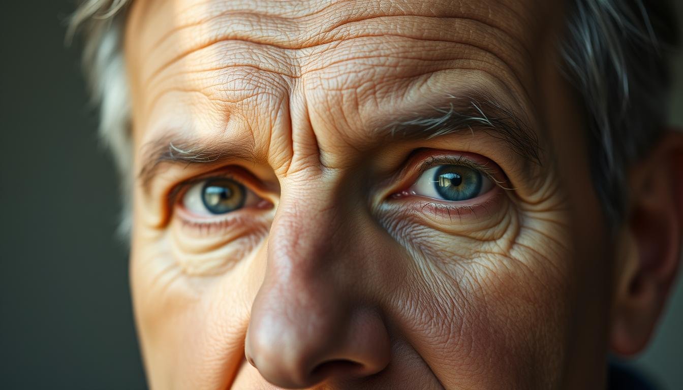 A middle-aged man's face, his eyes the focal point, illuminated by soft, natural lighting. The irises exude a subtle, introspective gaze, reflecting the wisdom and experience of his years. Fine lines at the corners of his eyes hint at a lifetime of laughter and contemplation. The overall expression conveys a sense of balance, inner peace, and a deep understanding of the ebbs and flows of life's journey. The background is blurred, allowing the viewer to concentrate on the captivating details of this individual's eye area, which holds the keys to unlocking the mysteries of his destiny and personality.