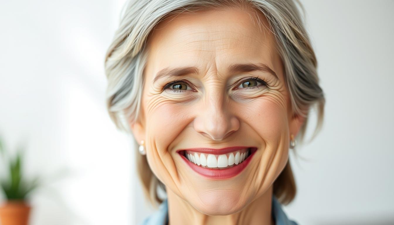 A middle-aged person with a warm, confident smile, showcasing healthy, well-aligned teeth against a softly blurred background. The lighting is natural and flattering, highlighting the person's radiant expression and the clean, vibrant appearance of their teeth. The overall scene conveys a sense of ease, self-assurance, and the positive impact of good oral health on one's overall appearance and self-perception. A middle-aged person with a warm, confident smile, showcasing healthy, well-aligned teeth against a softly blurred background. The lighting is natural and flattering, highlighting the person's radiant expression and the clean, vibrant appearance of their teeth. The overall scene conveys a sense of ease, self-assurance, and the positive impact of good oral health on one's overall appearance and self-perception.