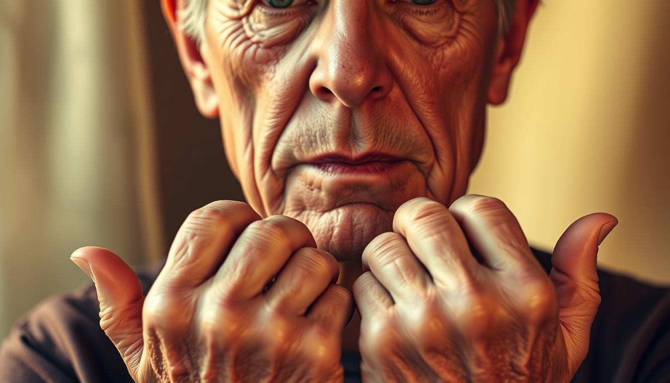 A middle-aged person's face and hands against a soft, blurred background. The face is examined closely, revealing the unique contours, lines, and textures that make up the individual's physiognomy. The hands are positioned in front, palms open, displaying the subtle creases and imperfections that reflect a lifetime of experiences. Warm, natural lighting illuminates the scene, creating a pensive, introspective atmosphere. The composition emphasizes the connection between the face, hands, and the individual's overall well-being, hinting at the insights that can be gained through self-examination. A middle-aged person's face and hands against a soft, blurred background. The face is examined closely, revealing the unique contours, lines, and textures that make up the individual's physiognomy. The hands are positioned in front, palms open, displaying the subtle creases and imperfections that reflect a lifetime of experiences. Warm, natural lighting illuminates the scene, creating a pensive, introspective atmosphere. The composition emphasizes the connection between the face, hands, and the individual's overall well-being, hinting at the insights that can be gained through self-examination.