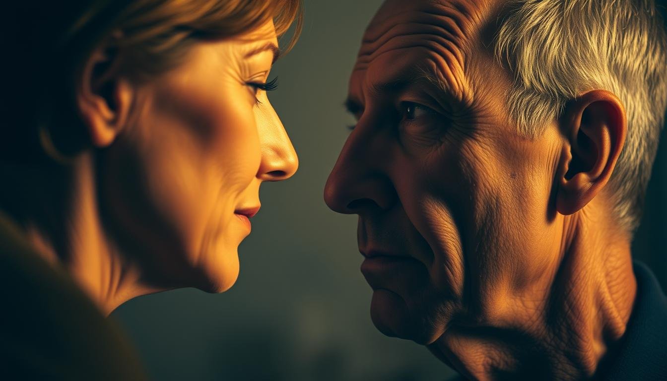 A middle-aged woman and man, facing each other, their profiles illuminated by soft, warm lighting. The woman's nose is delicate and refined, the man's more prominent and angular. The background is hazy, suggesting a timeless, introspective mood. The image captures the subtle yet distinct differences in nose shapes between genders, as well as the changes that occur over the course of one's life. A sense of introspection and understanding permeates the scene. A middle-aged woman and man, facing each other, their profiles illuminated by soft, warm lighting. The woman's nose is delicate and refined, the man's more prominent and angular. The background is hazy, suggesting a timeless, introspective mood. The image captures the subtle yet distinct differences in nose shapes between genders, as well as the changes that occur over the course of one's life. A sense of introspection and understanding permeates the scene.