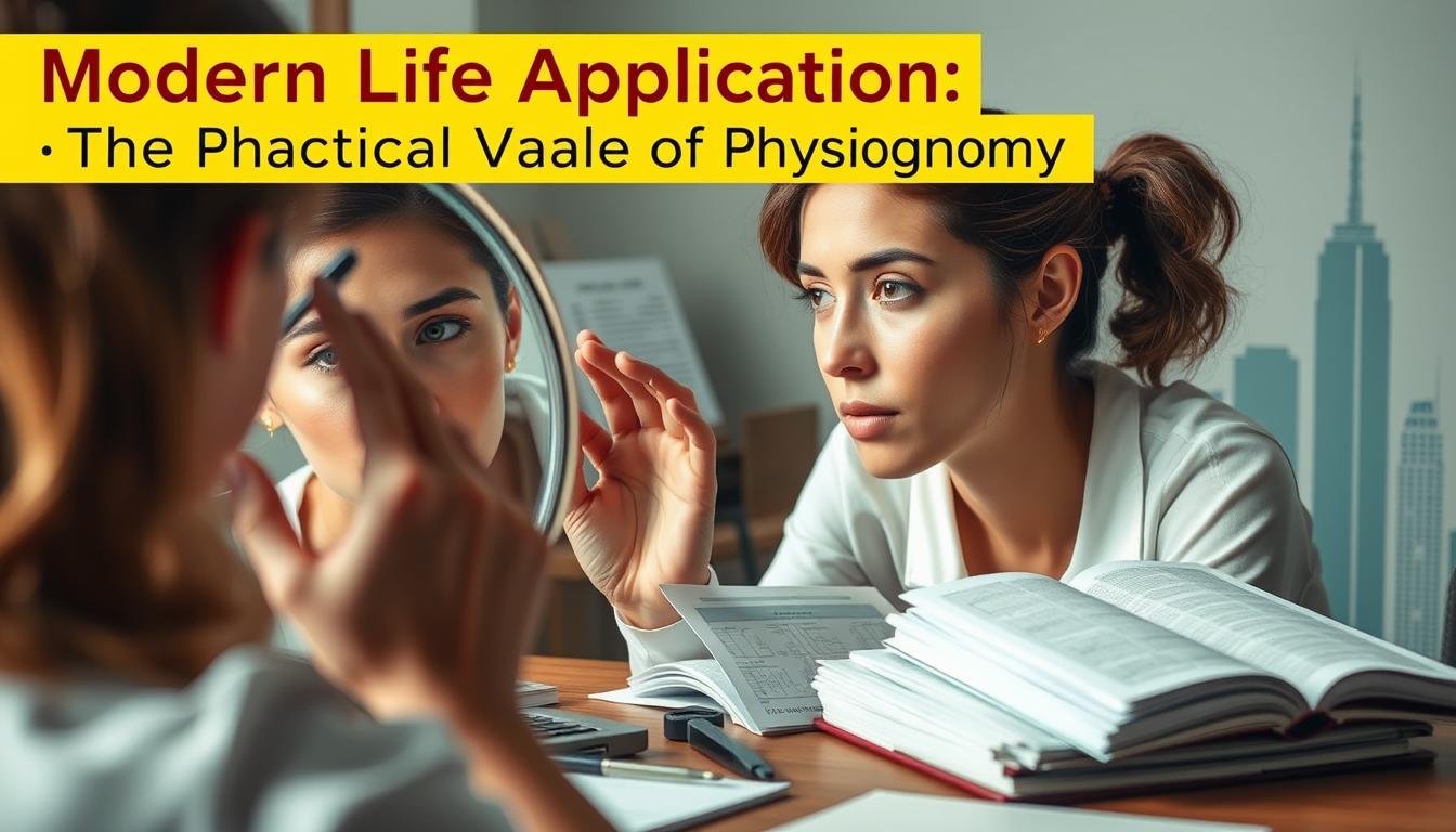 A modern application of physiognomy: a woman studying her face in a mirror, examining her features intently. The foreground shows her in natural lighting, her expression one of keen observation. In the middle ground, various tools of the trade - callipers, charts, and reference books - are arranged on a desk, hinting at the depth of this ancient practice. The background depicts a stylized cityscape, suggesting the integration of physiognomy into the contemporary urban landscape. An atmosphere of contemplation and practical application pervades the scene, capturing the essence of "Modern Life Application: The Practical Value of Physiognomy". A modern application of physiognomy: a woman studying her face in a mirror, examining her features intently. The foreground shows her in natural lighting, her expression one of keen observation. In the middle ground, various tools of the trade - callipers, charts, and reference books - are arranged on a desk, hinting at the depth of this ancient practice. The background depicts a stylized cityscape, suggesting the integration of physiognomy into the contemporary urban landscape. An atmosphere of contemplation and practical application pervades the scene, capturing the essence of "Modern Life Application: The Practical Value of Physiognomy".