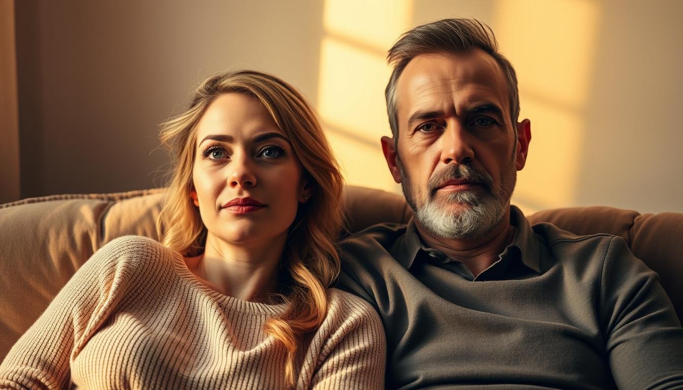 A modern married couple, softly illuminated by warm golden lighting, sits together on a plush couch, their faces reflecting the nuances of their physiognomy. The woman's fuller lips and rounded features contrast with the man's more angular jawline and furrowed brow, hinting at the intriguing interplay between their physical attributes and the dynamics of their relationship. The scene is imbued with a contemplative, almost mystical atmosphere, suggesting the profound influence of physiognomy on the complexities of modern marriage.