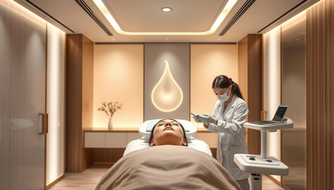 A modern medical aesthetic clinic, its facade adorned with sleek, minimalist lines and a serene, natural palette. The interior is bathed in soft, diffused lighting, creating an atmosphere of tranquility and rejuvenation. In the center, a patient reclines on a state-of-the-art treatment table, their face framed by the gentle curves of a pear-shaped dimple - the hallmark of a harmonious facial structure. Skilled technicians, their movements precise and measured, administer the latest non-invasive procedures, blending traditional Chinese face-reading wisdom with cutting-edge medical technology. The resulting image captures the intersection of ancient knowledge and modern aesthetics, a seamless integration of the past and present in the pursuit of holistic well-being.