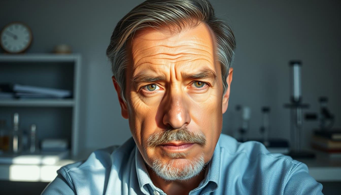 A modern scientific examination of face reading and physiognomy. A middle-aged man with distinguished features sits in contemplation, illuminated by soft, natural lighting. His brow is deeply furrowed, revealing the intricate patterns and lines of his eyebrows - the focus of this study. In the background, a minimalist laboratory setting with scientific instruments and equipment, suggesting a rigorous, empirical approach to the ancient art of face reading. The image conveys a sense of serious inquiry, as researchers seek to understand the connection between facial features and one's destiny or character.